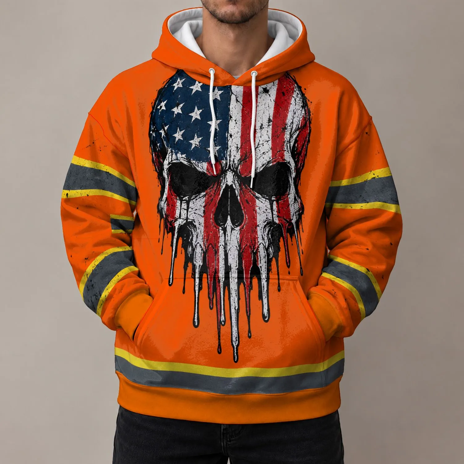 Orange Workwear Skull And Reflective Stripe Look For Bold Everyday Streetwear Style All-over Print Hoodie (Lightweight) - 1