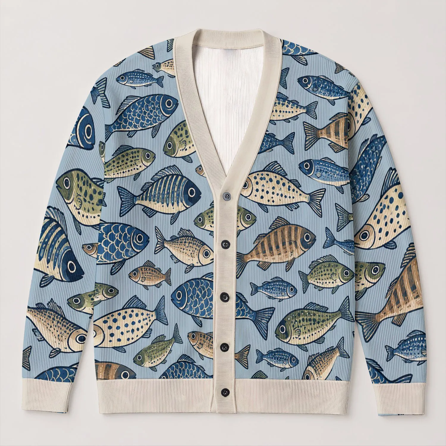 Blue Ocean Fish Motifs for Relaxed Coastal Layering and Everyday Seaside Style All-over Print Knitted Cardigan - 1