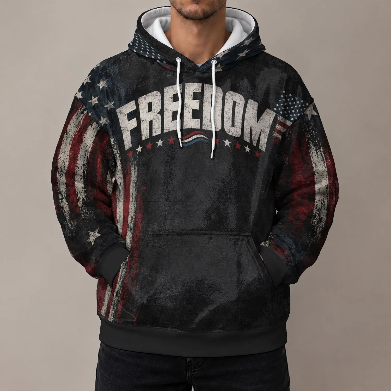 Bold Freedom Chest Lettering And Star Stripes For Everyday American Casual Wear All-over Print Hoodie (Lightweight) - 1