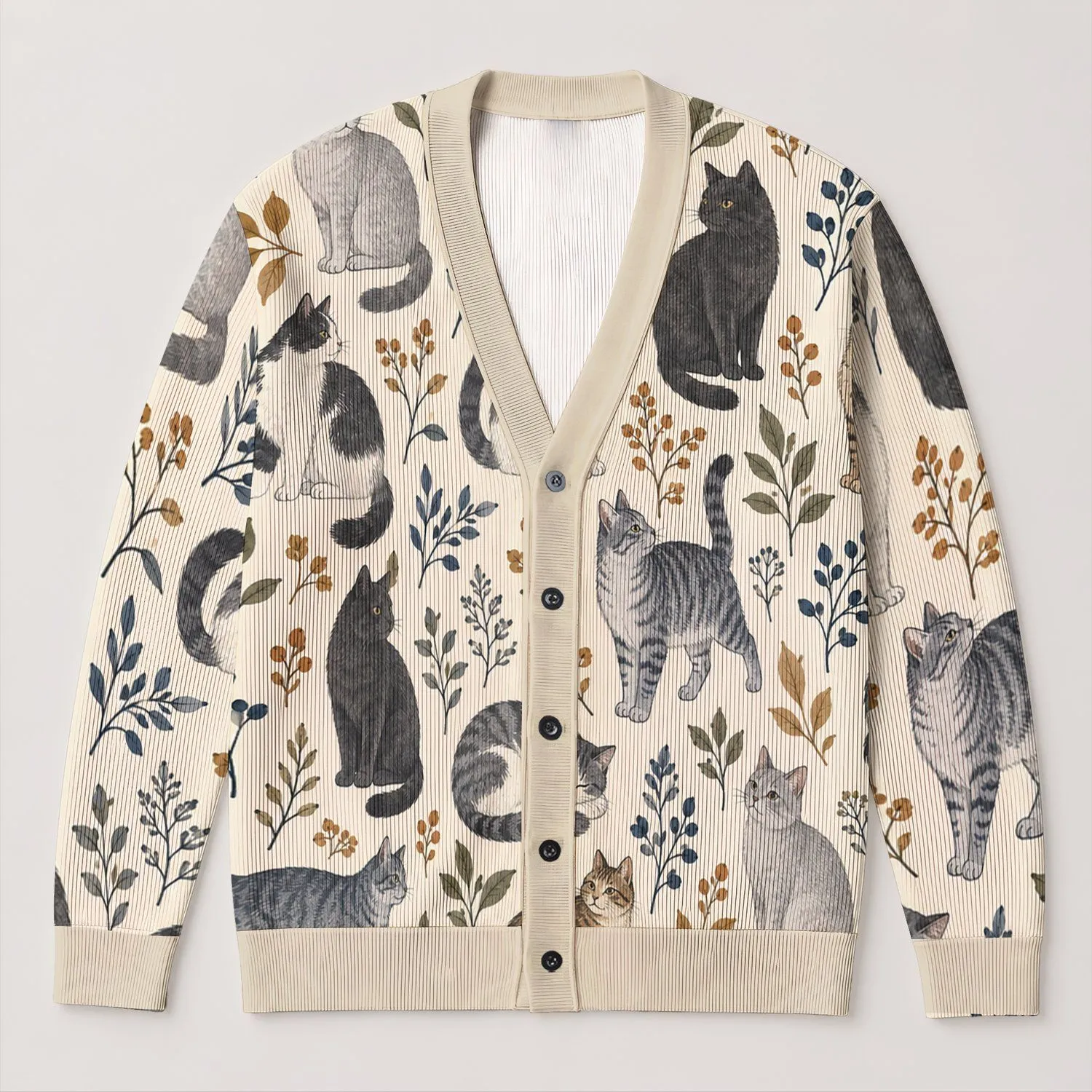 Whimsical Cat Motifs for Cozy Autumn Layering, Seasonal Relaxed Everyday Women's Style All-over Print Knitted Cardigan - 1