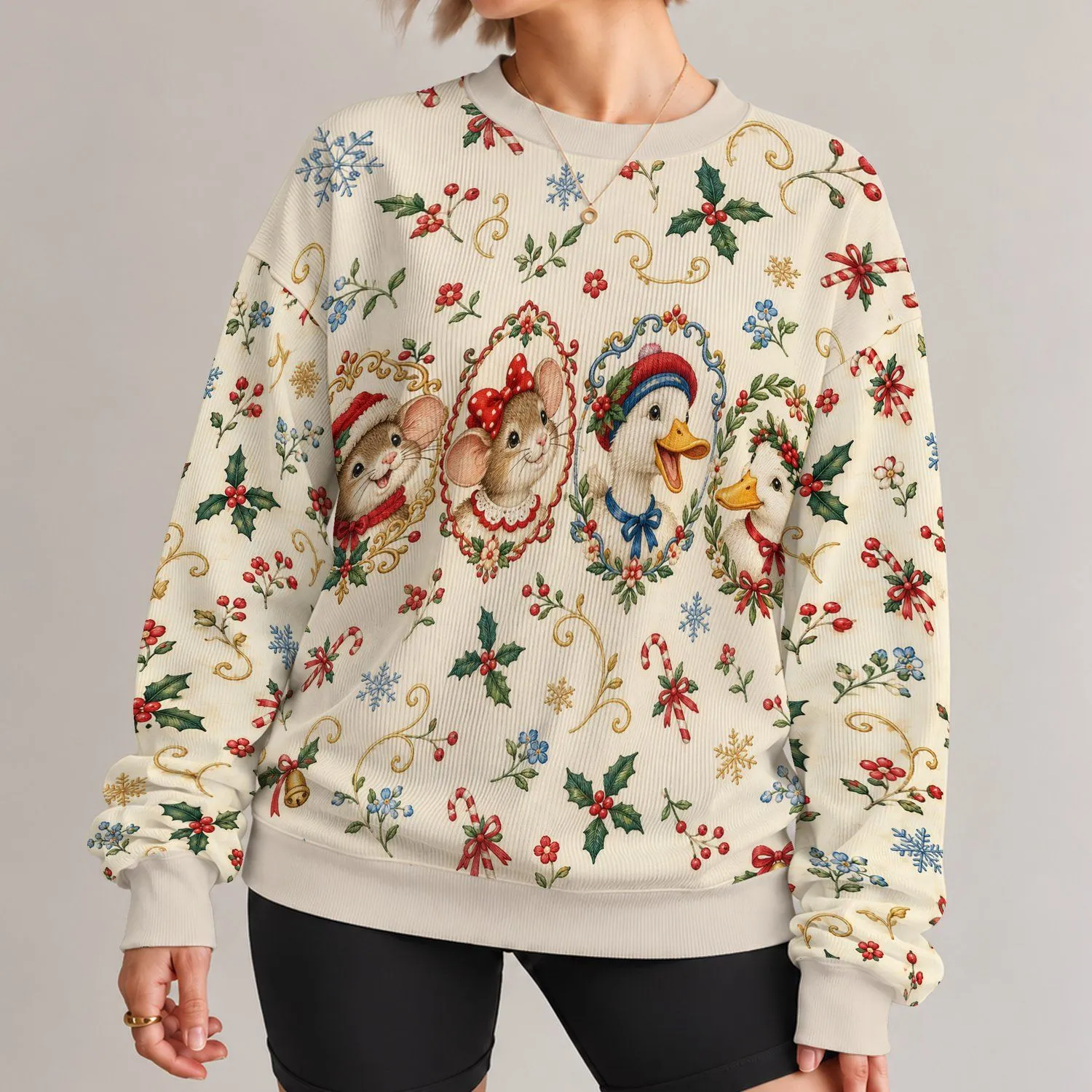 Festive Mouse And Duck Friends Holiday Gathering For Cozy Seasonal Celebrations Together All-over Print Knitted Sweater - 1