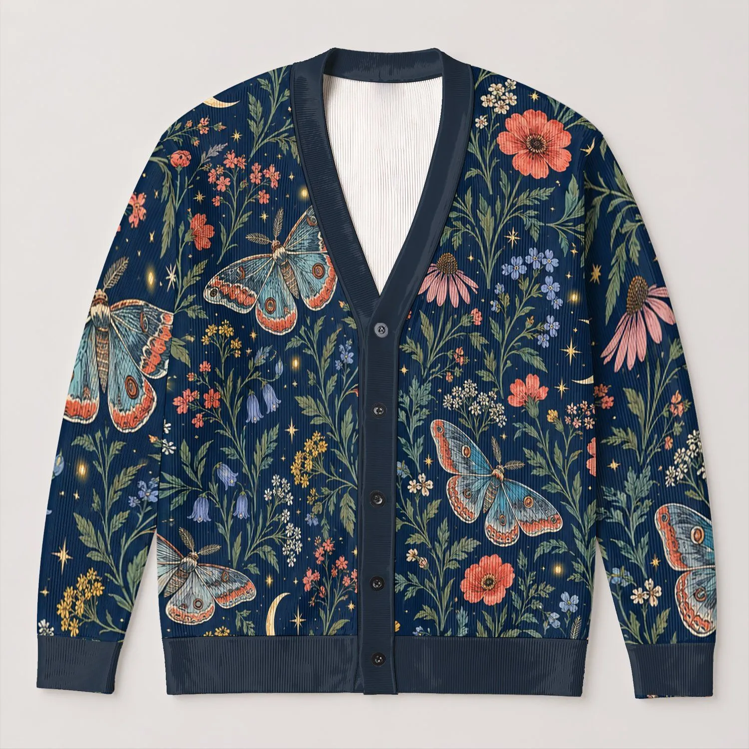 Moonlit Moths and Wildflowers for Bohemian Everyday Layering, Nature Loving Women All-over Print Knitted Cardigan - 1