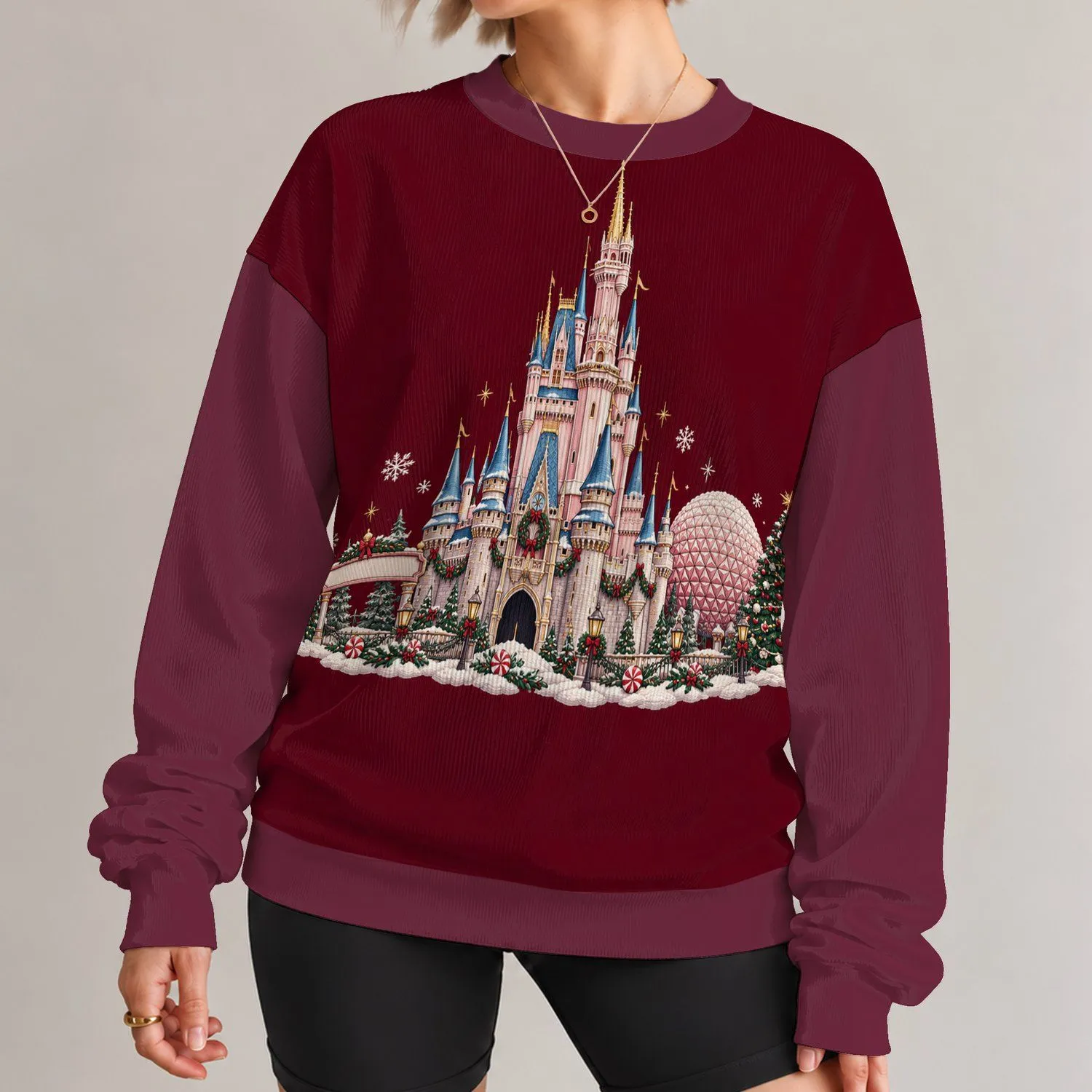 Fairytale Castle and Holiday Park Scene for Christmas Visits and Family Getaways All-over Print Knitted Sweater - 1