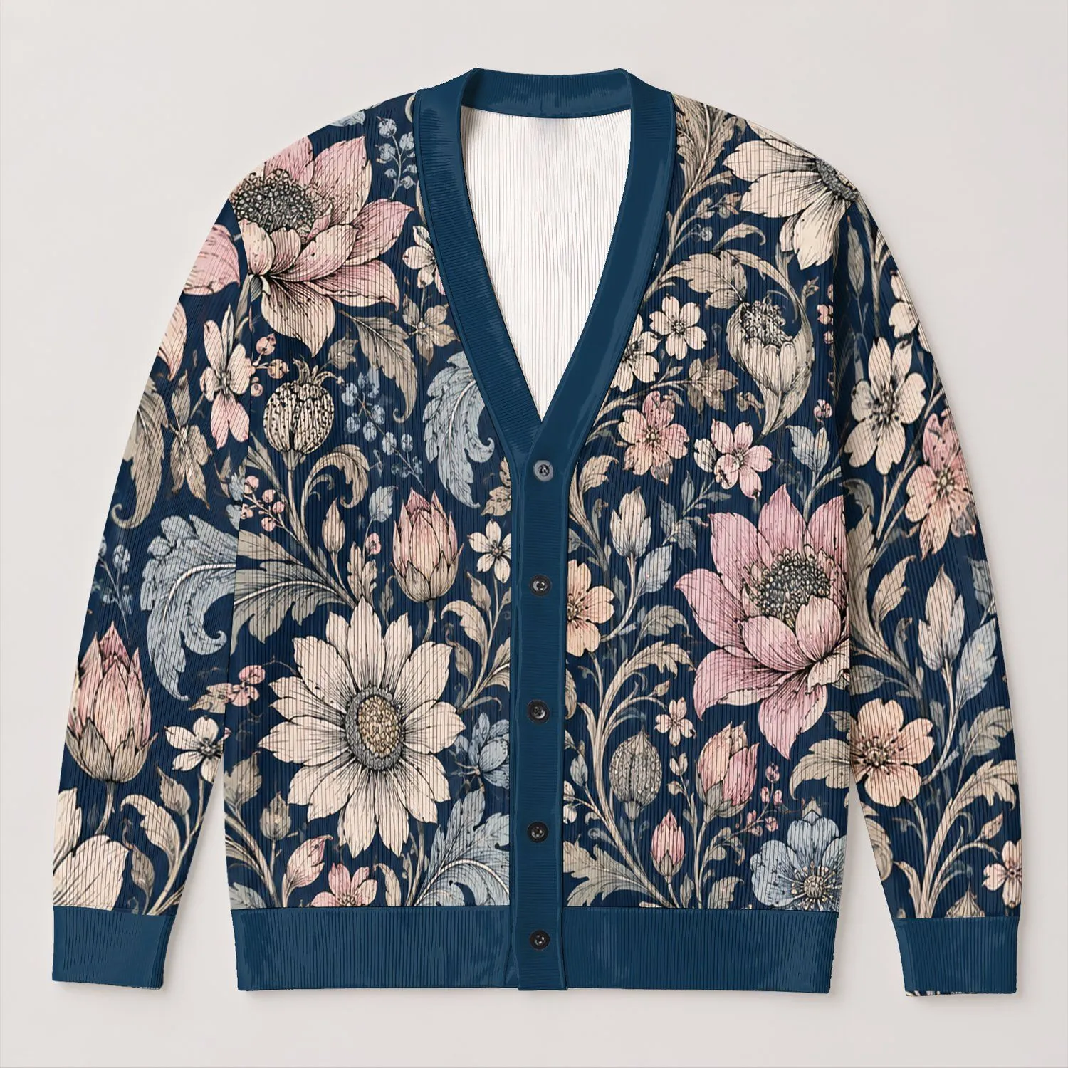 Navy Botanical Bloom Motifs for Relaxed Weekend Layering and Everyday Women's Style All-over Print Knitted Cardigan - 1
