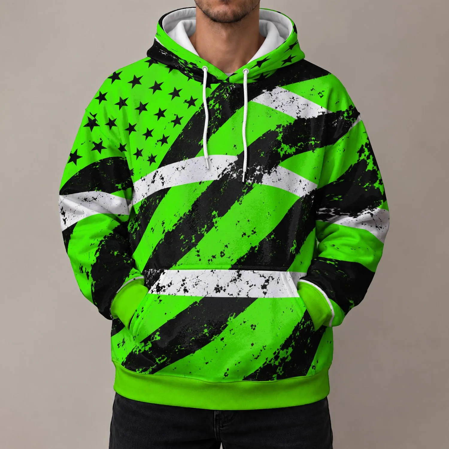 Neon Green Star Field and Distressed Stripes for Bold Outdoor Workwear Everyday Style All-over Print Hoodie (Lightweight) - 1