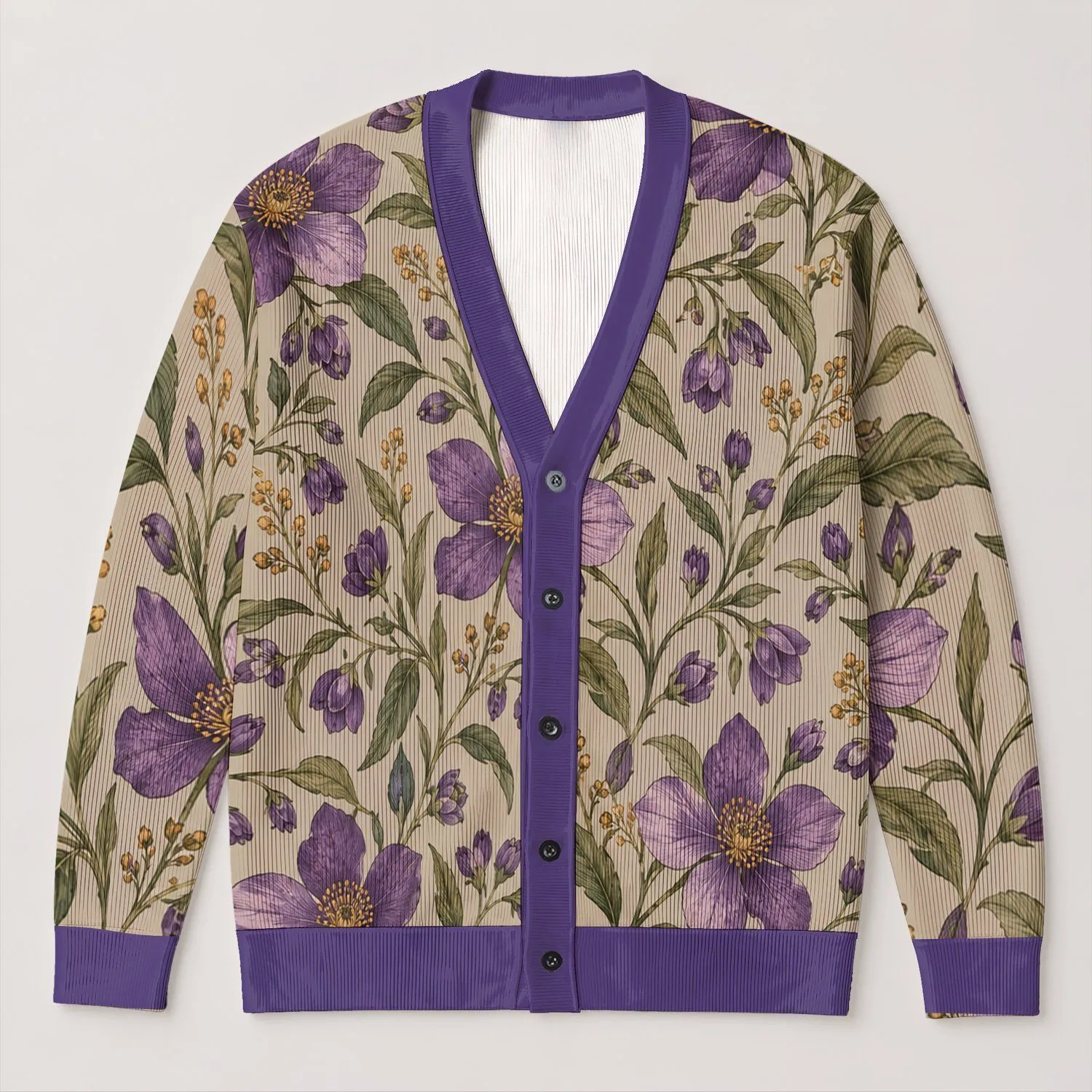 Purple Wildflower Botanical Blooms for Casual Layering and Garden-Inspired Everyday Style All-over Print Knitted Cardigan - 1