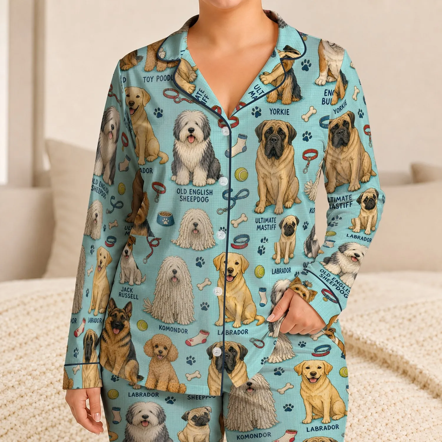 Aqua Dog Breed Collage Gift for Dog Lovers, Casual Comfort for Daily Wear Set Satin Pajamas Set - 1