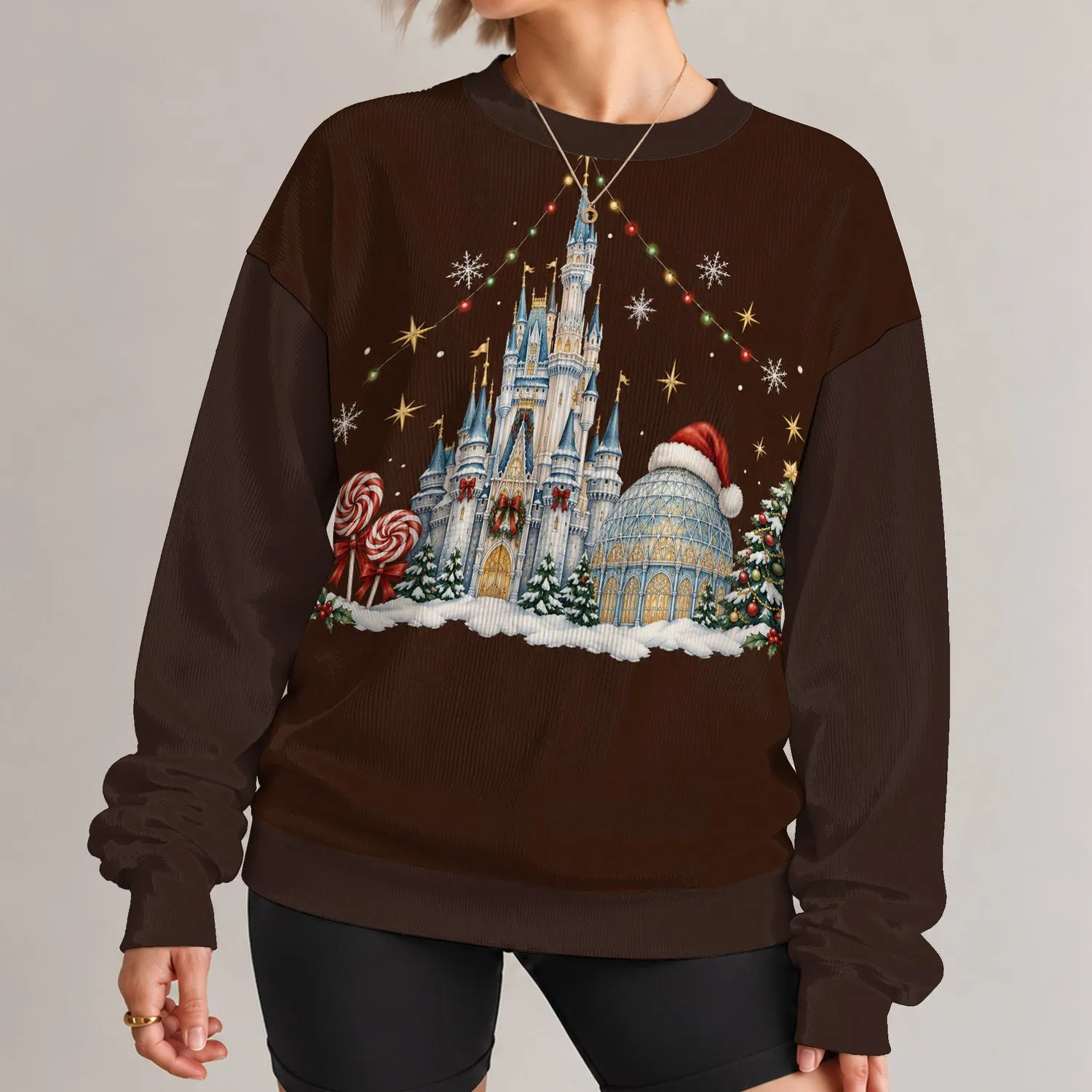 Fairytale Castle, Snowy Tree And Peppermints For Magical Winter Park Family Getaways All-over Print Knitted Sweater - 1