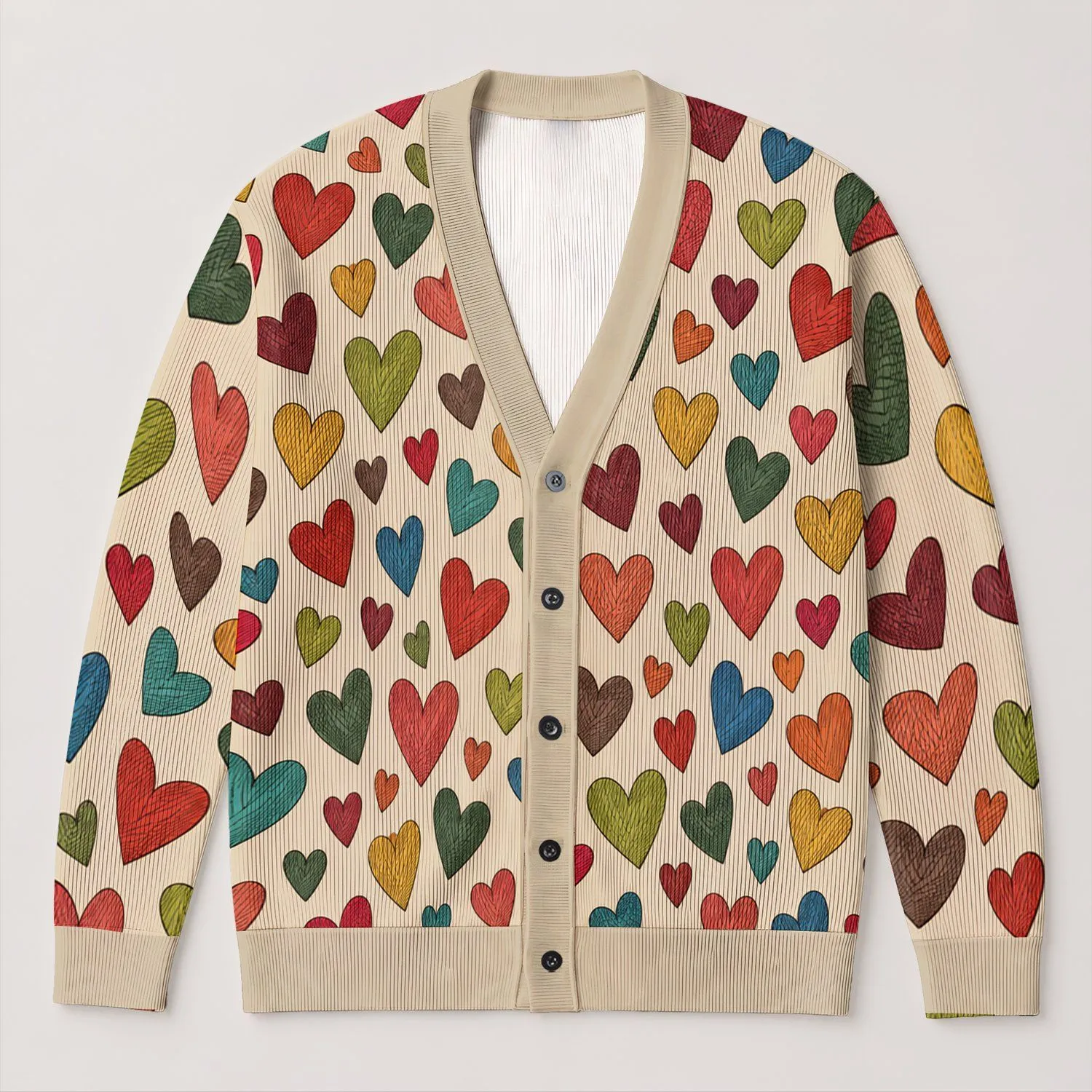 Multicolor Heart Motifs for Cheerful Everyday Layering and Casual Romance for Women All-over Print Knitted Cardigan - 1