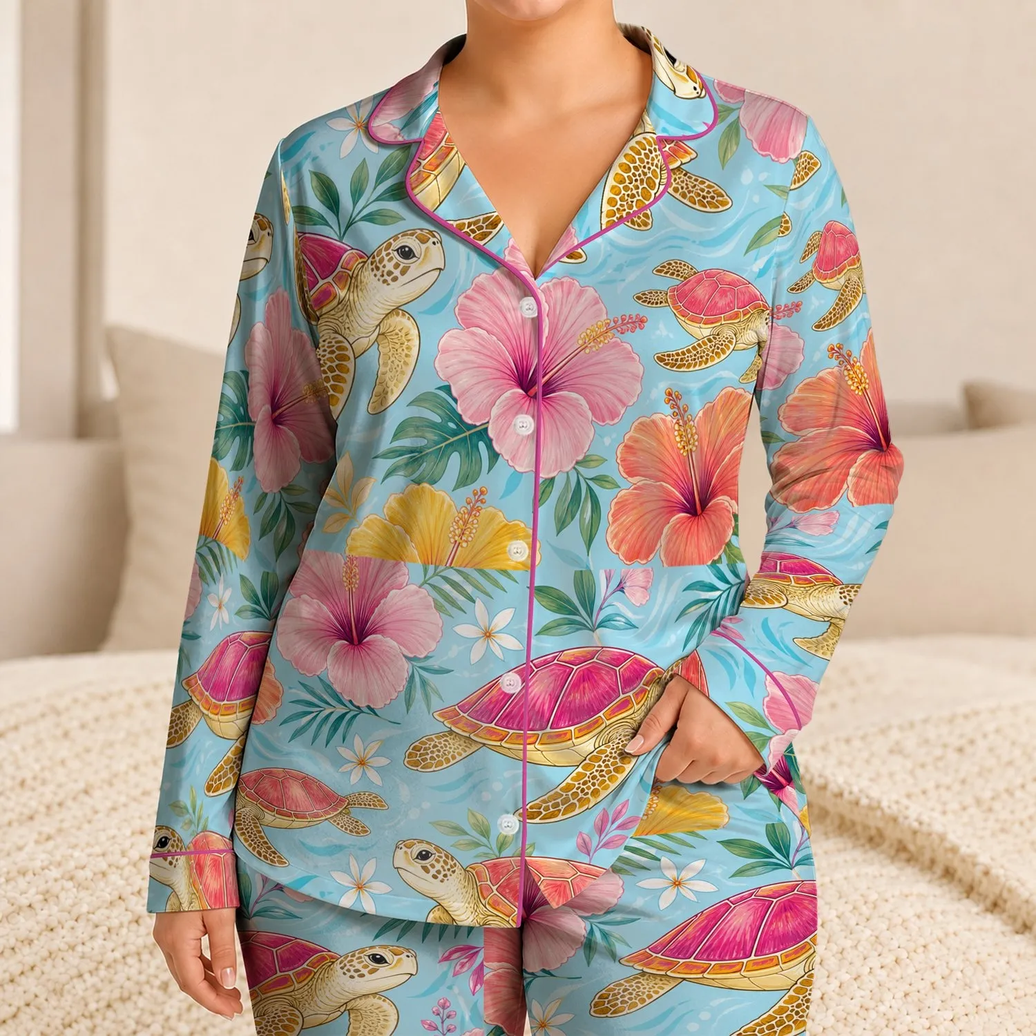 Sea Turtle And Hibiscus Tropical Resort Style For Beach Getaways, Women & Men Outfit Satin Pajamas Set - 1