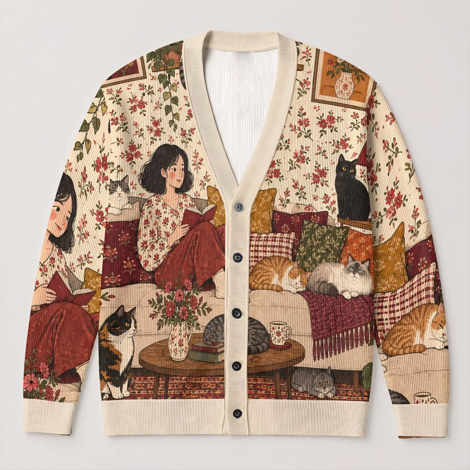 Whimsical Cat Living Room Scene for Cozy Everyday Layering and Casual Wardrobe Styling All-over Print Knitted Cardigan - 1
