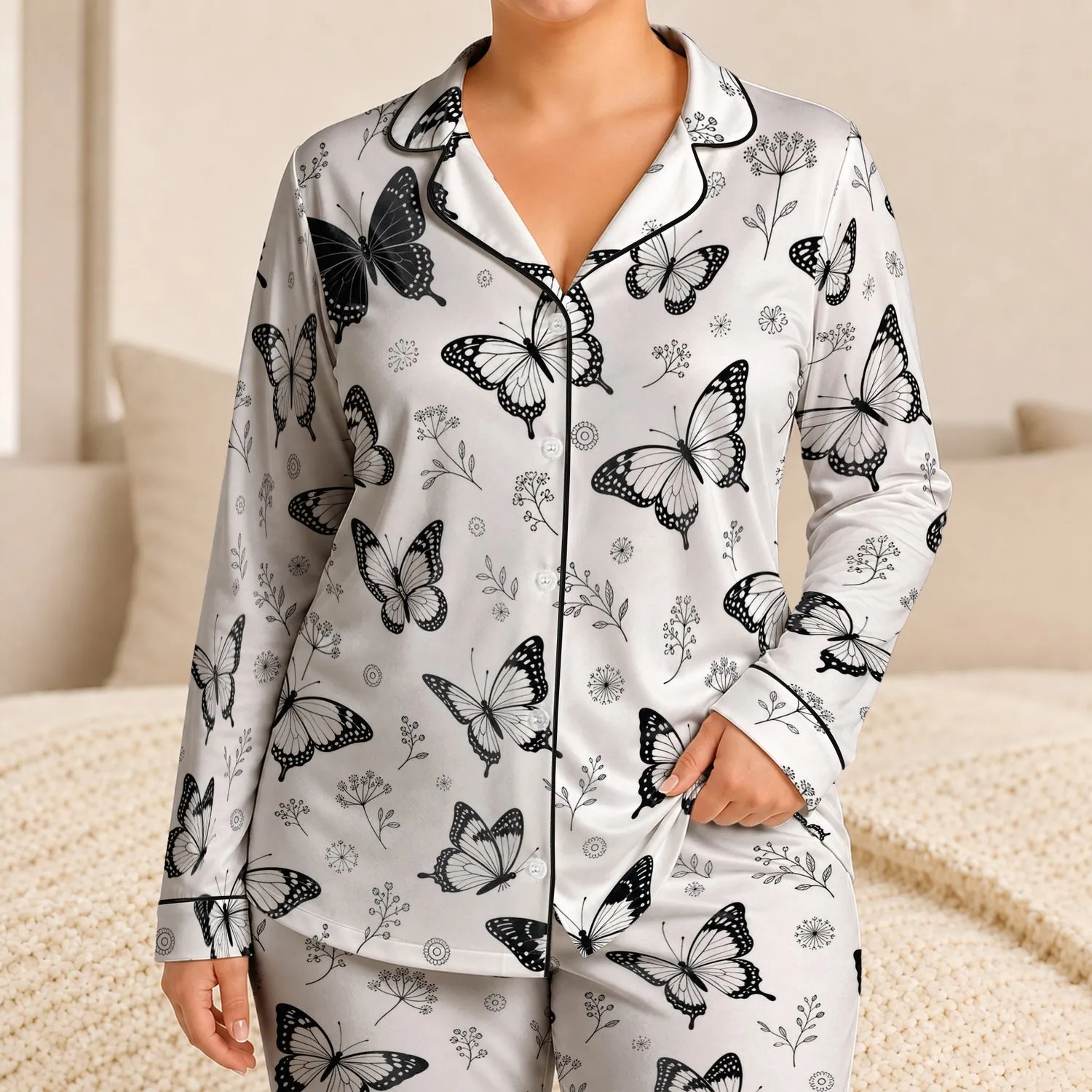 Black Butterfly Sleepwear for Summer Nights, Cottagecore Lounge Style for Women Satin Pajamas Set - 1
