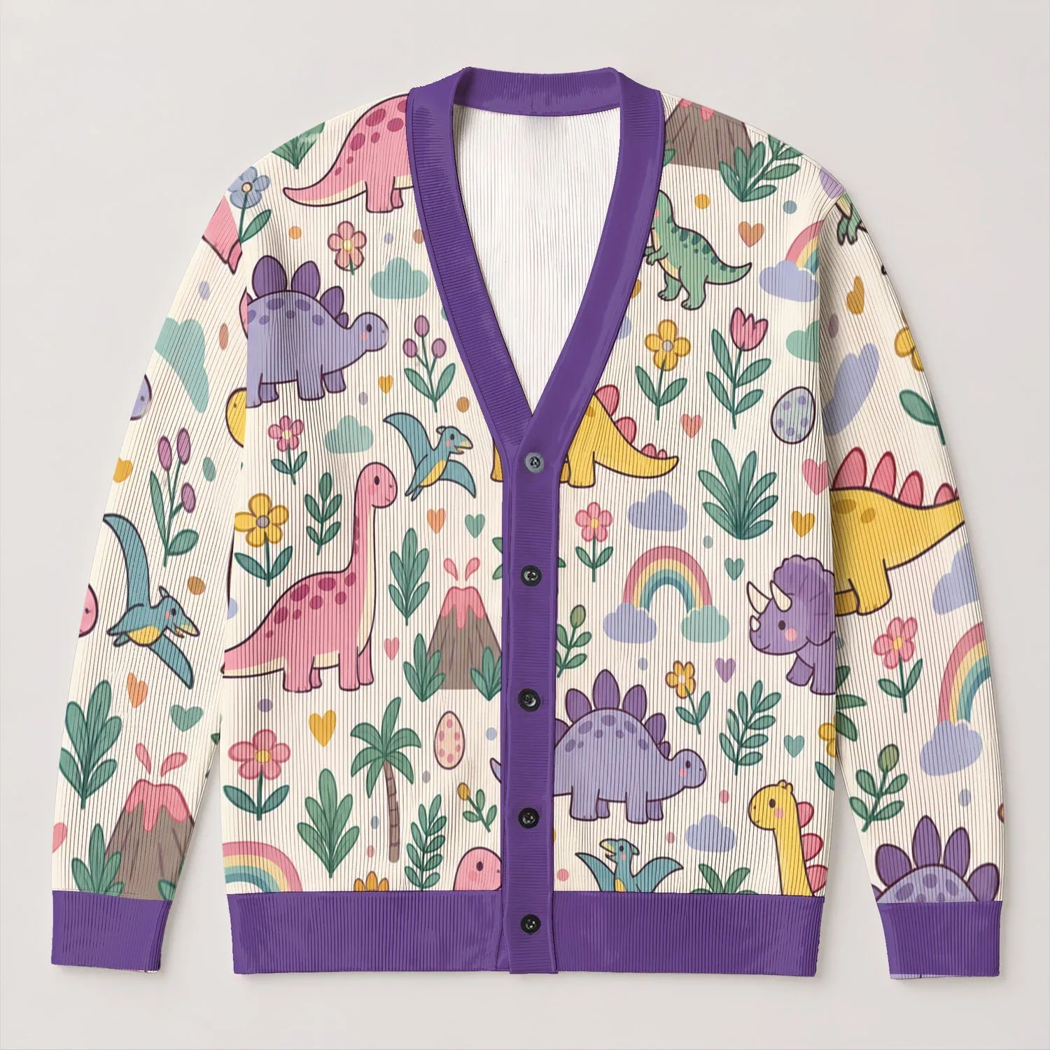 Cute Dinosaur Rainbow Garden Friends for Playful Everyday Layering Kids and Families All-over Print Knitted Cardigan - 1