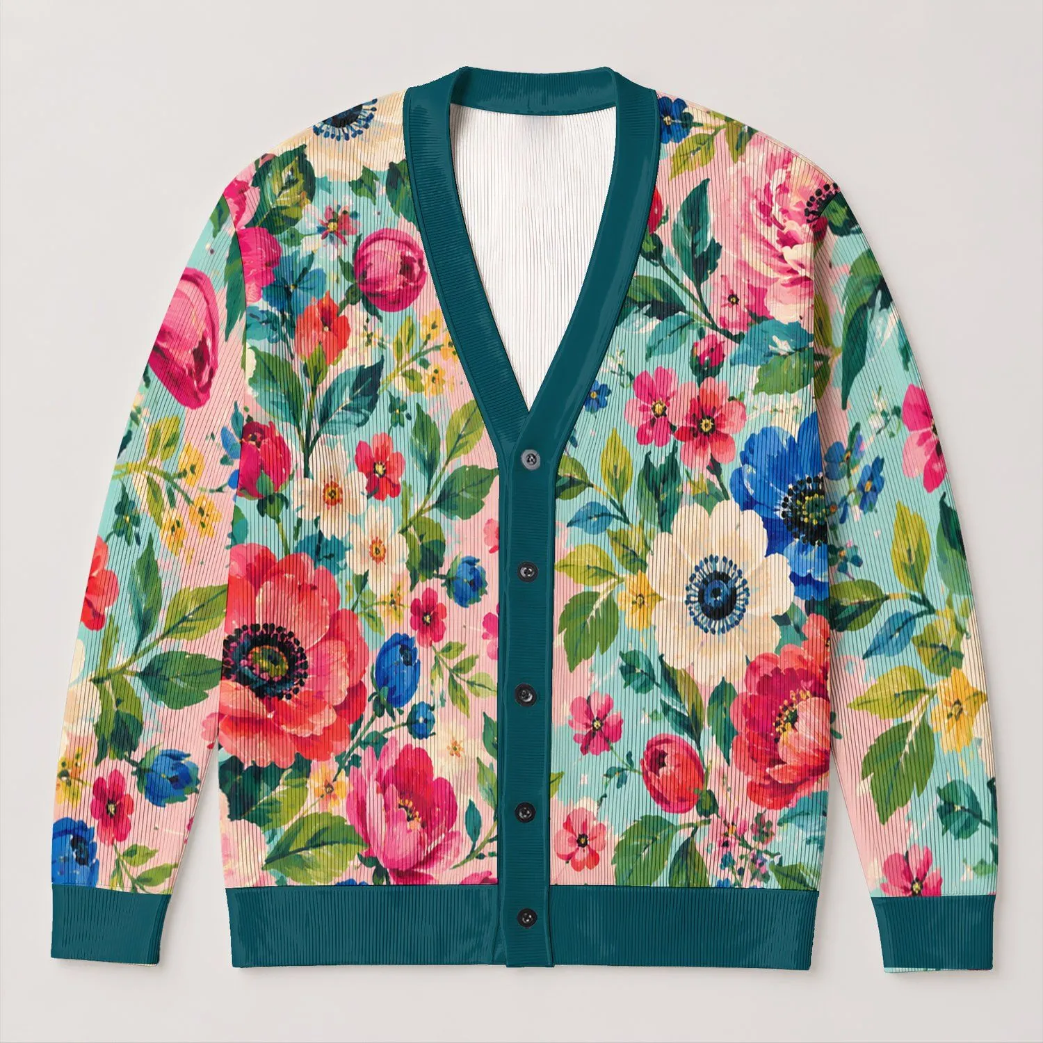 Colorful Floral Blooms for Relaxed Everyday Layering and Daily Commuting Women’s Style All-over Print Knitted Cardigan - 1