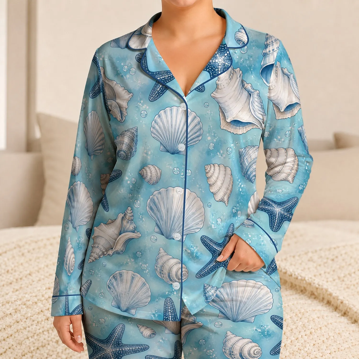Aqua Starfish And Shell Coastal Style For Beach Vacations And Relaxed Nights For Women Satin Pajamas Set - 1