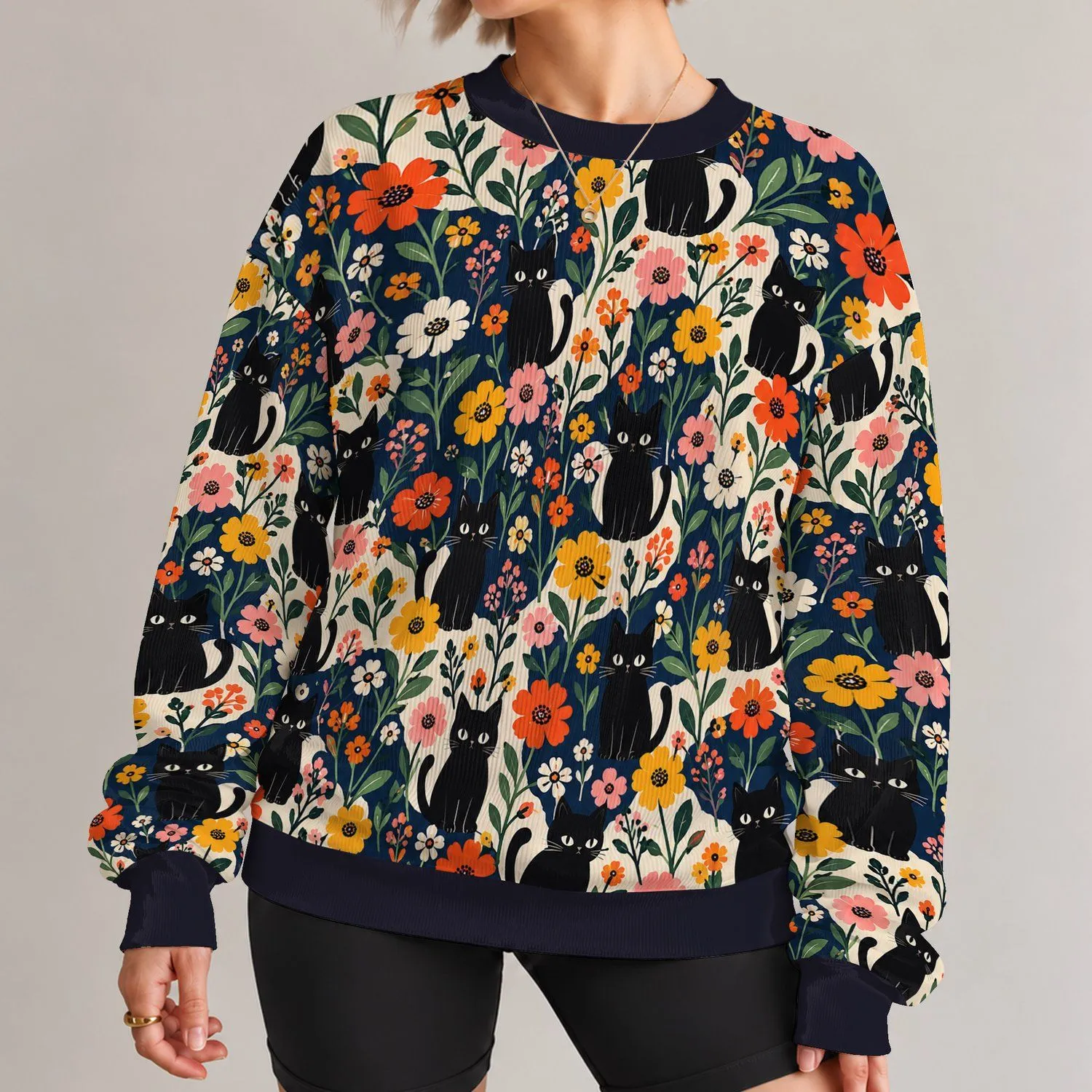 Black Cats Among Colorful Wildflowers for Whimsical Everyday Style and Cat Lovers All-over Print Knitted Sweater - 1