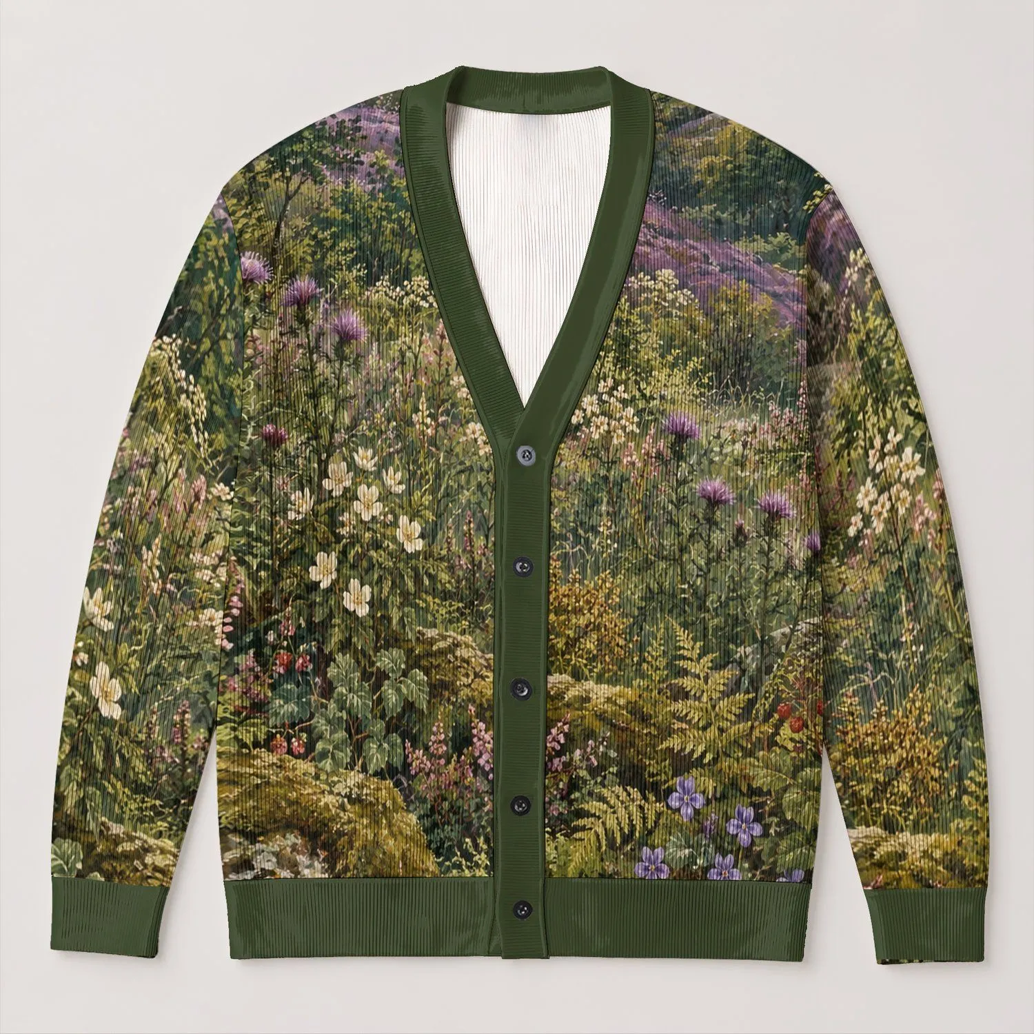 Mossy Woodland Meadow Scene for Relaxed Weekend Nature Layering, Cottagecore Women All-over Print Knitted Cardigan - 1