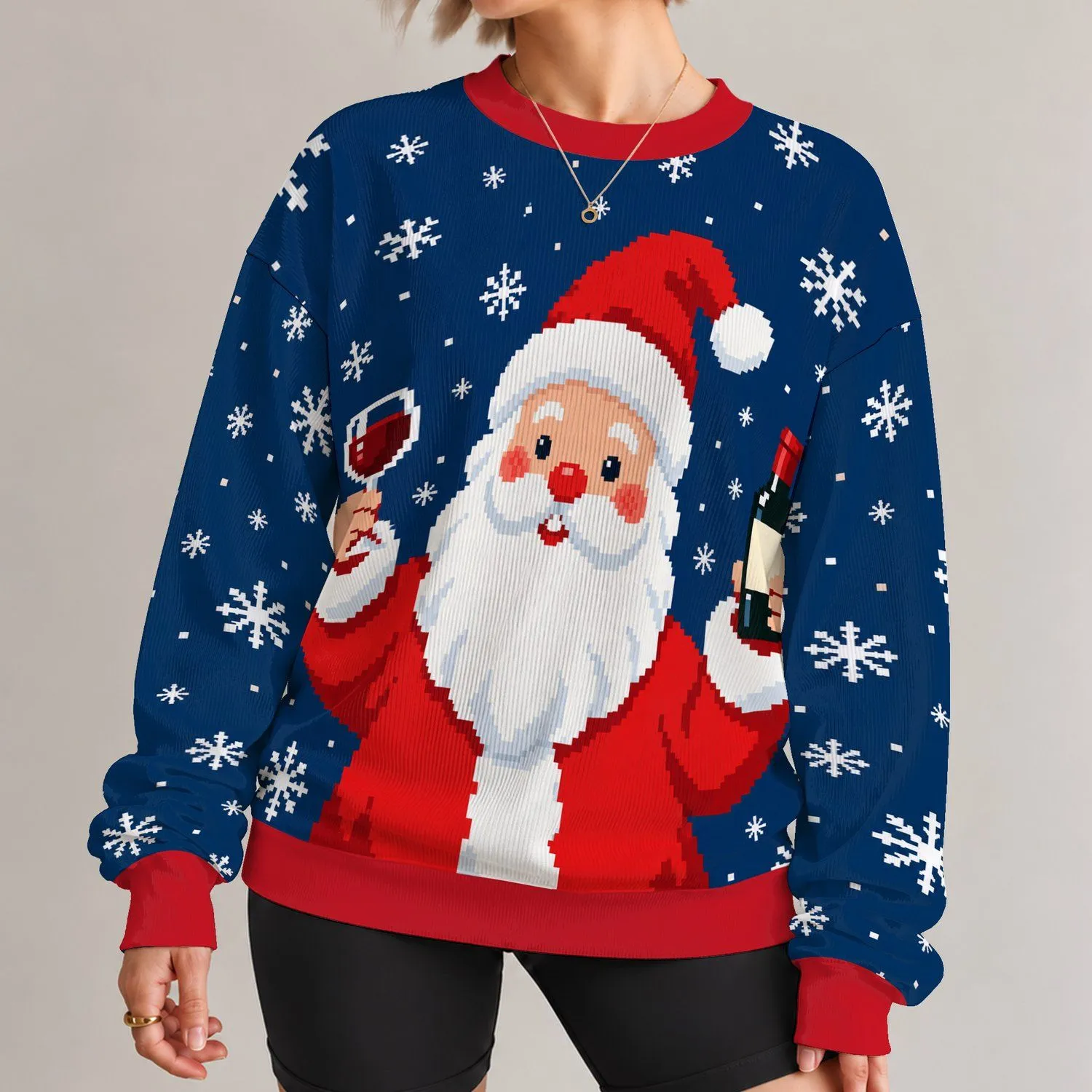 Cheerful Santa With Wine Glass for Festive Christmas Parties and Winter Celebrations All-over Print Knitted Sweater - 1
