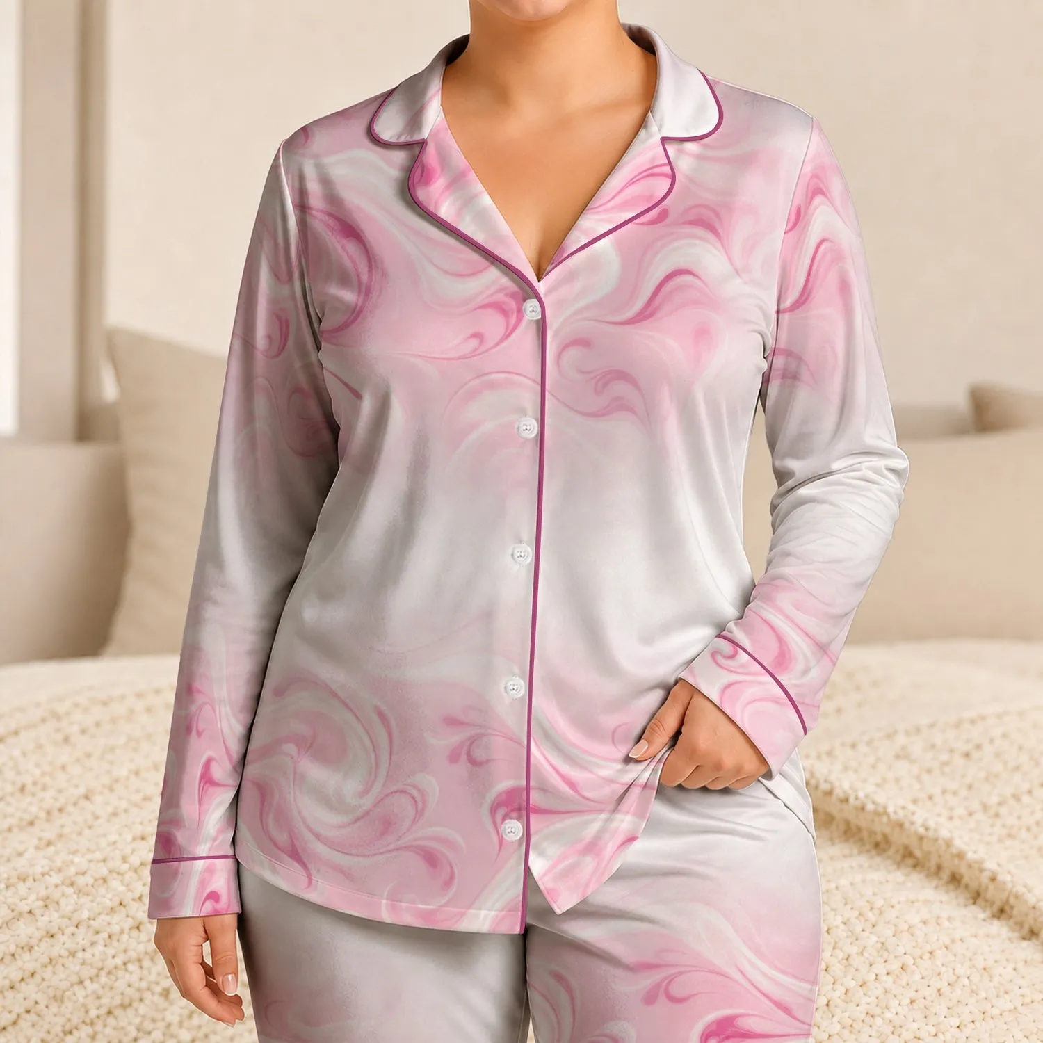 Blush Pink Marble Swirls for Cozy Summer Bedtime Gift, Women and Teens Lounge Time Satin Pajamas Set - 1
