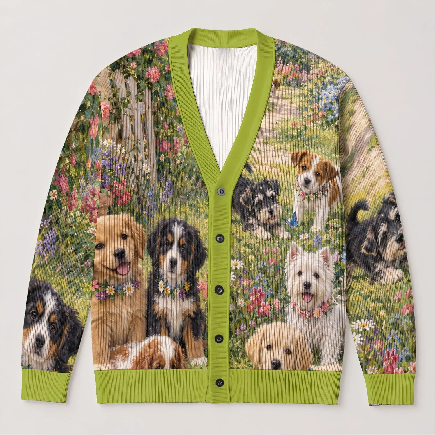 Impressionist Puppy Garden Scene For Spring Layering And Dog Lover Weekend Style All-over Print Knitted Cardigan - 1