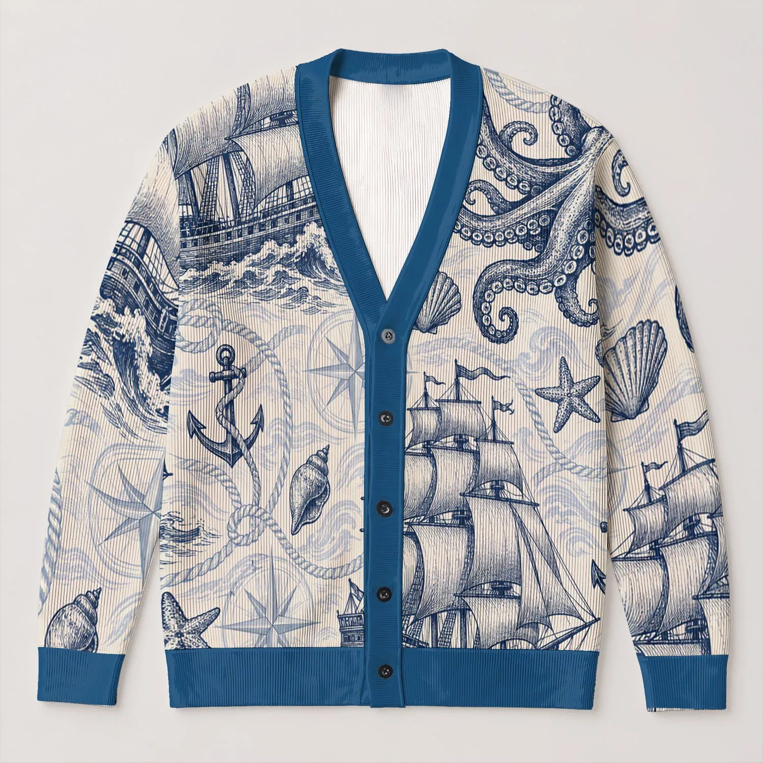 Nautical Sailing Ships And Octopus Ocean Motifs For Beach Days And Coastal Style All-over Print Knitted Cardigan - 1