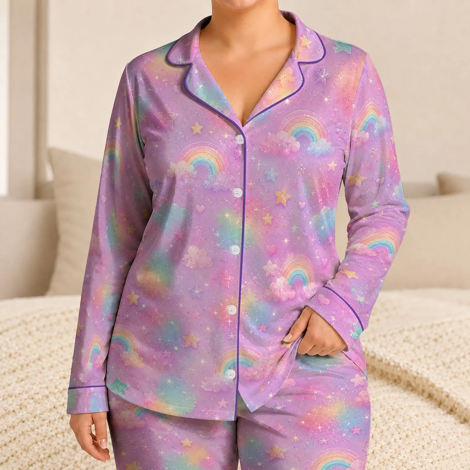 Pastel Rainbow Glitter For Cozy Nights, Travel Gifts, And Easy Home Comfort For Women Satin Pajamas Set - 1
