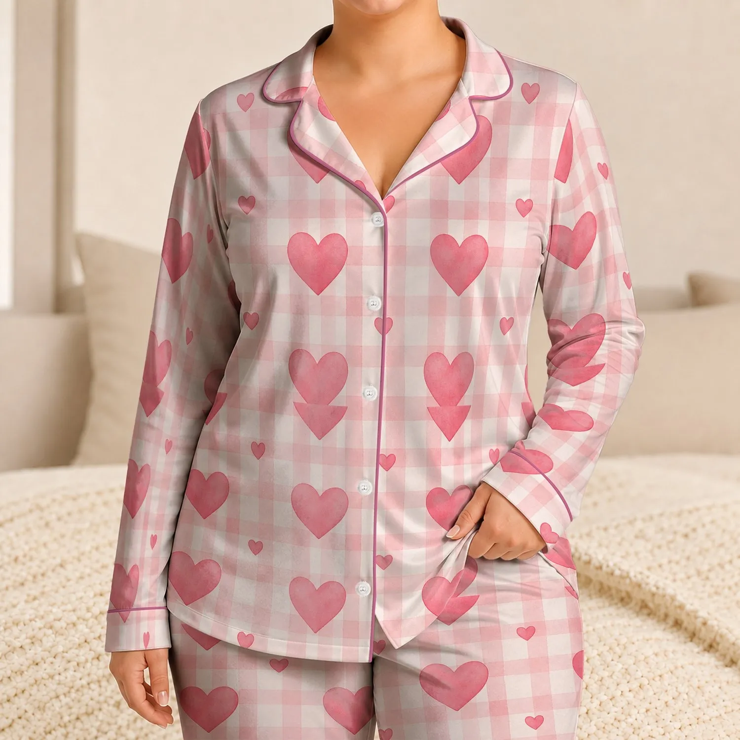 Soft Blush Gingham Hearts For Cozy Lounging, Sleepovers, Gifts, And Relaxed Days Satin Pajamas Set - 1