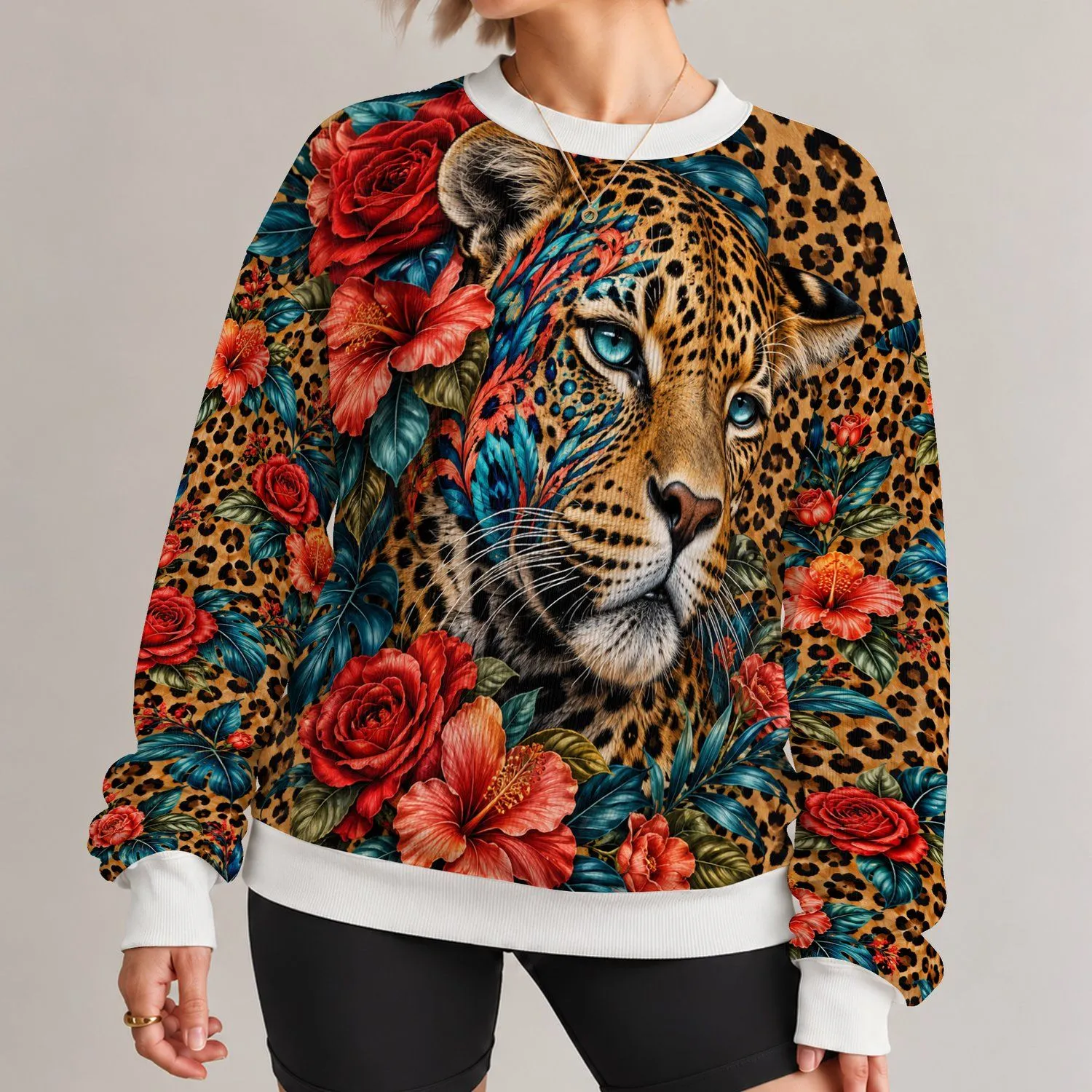 Leopard Face And Tropical Roses For Bold Casual Style And Everyday Wear All-over Print Knitted Sweater - 1