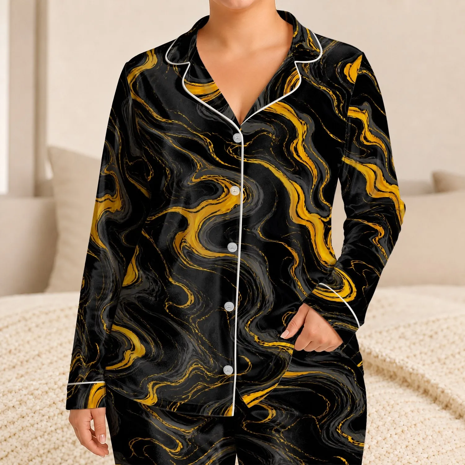 Golden Marble Flow for Cozy Nights, Lounge Days, and Relaxed Home Moments, Women Satin Pajamas Set - 1