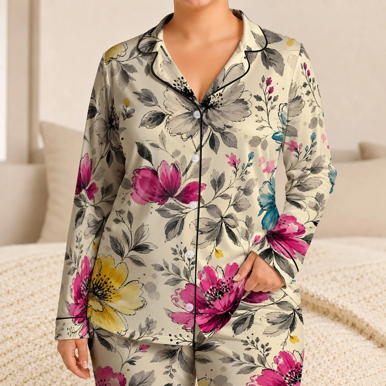 Hand Painted Floral Ink Blossom For Cozy Home Evenings And Gifting Women Collectors Satin Pajamas Set - 1