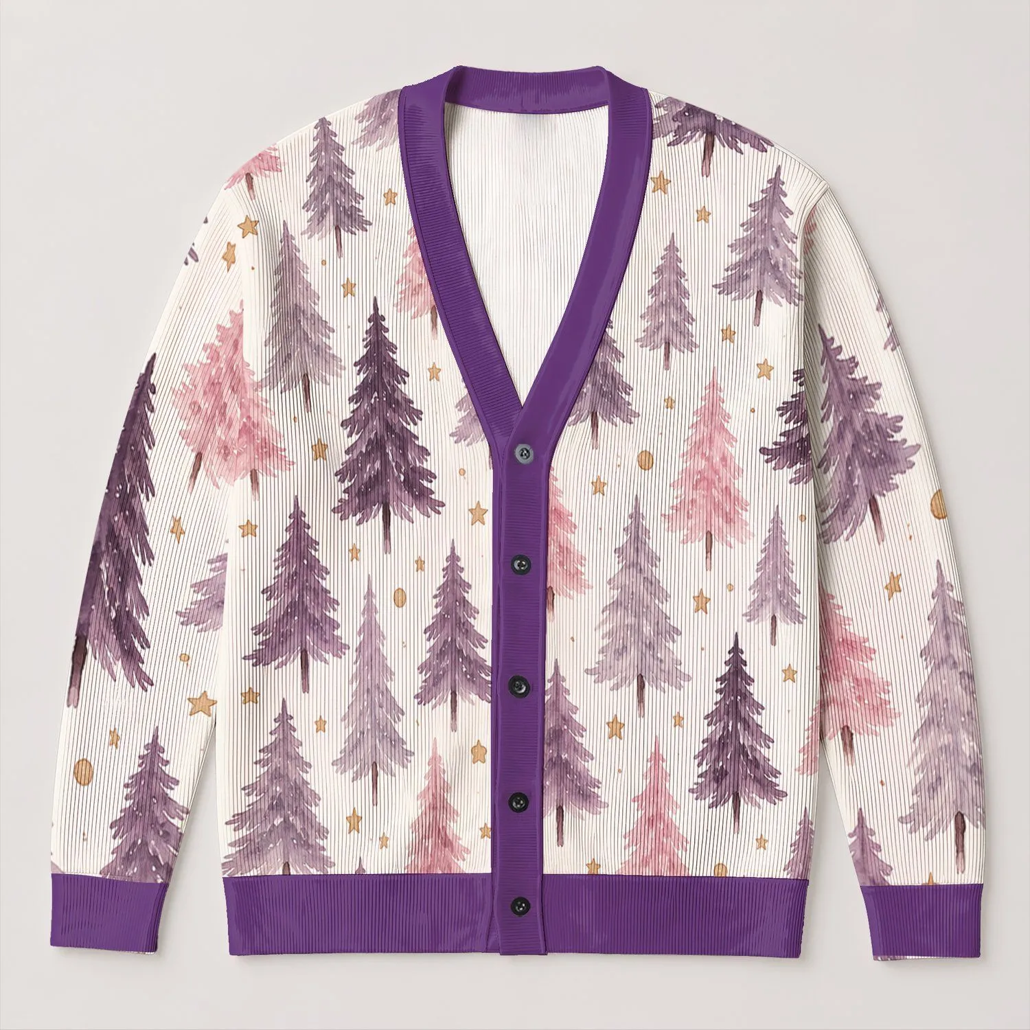 Pastel Watercolor Evergreen Trees And Gold Stars For Cozy Holiday Gatherings Women All-over Print Knitted Cardigan - 1