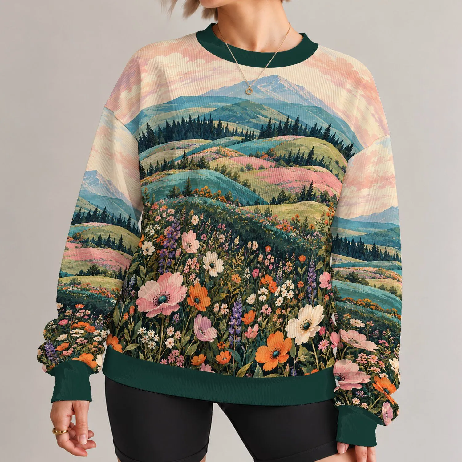 Pastel Flower Meadow And Evergreen Hills For Artistic Everyday Style All-over Print Knitted Sweater - 1