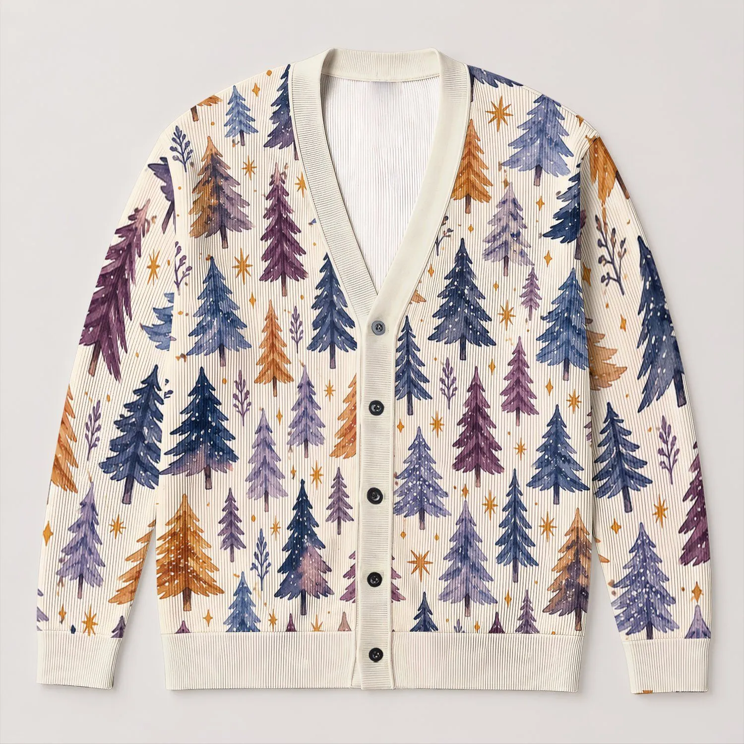 Watercolor Evergreen Trees For Cozy Winter Outings And Casual Everyday Layering For Women All-over Print Knitted Cardigan - 1
