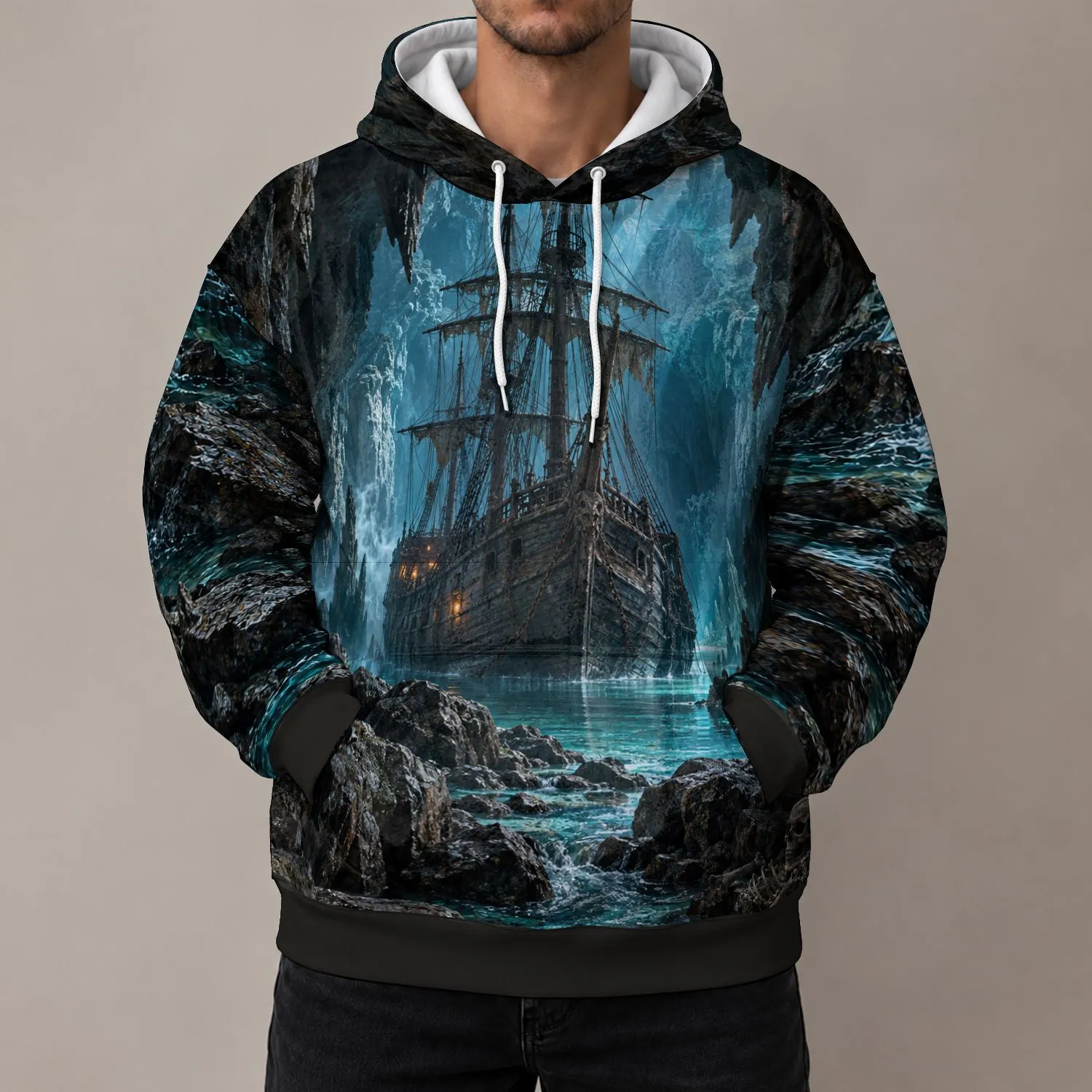 Pirate Shipwreck in Hidden Sea Cave for Dark Adventure Outings and Coastal Explorers All-over Print Hoodie (Lightweight) - 1