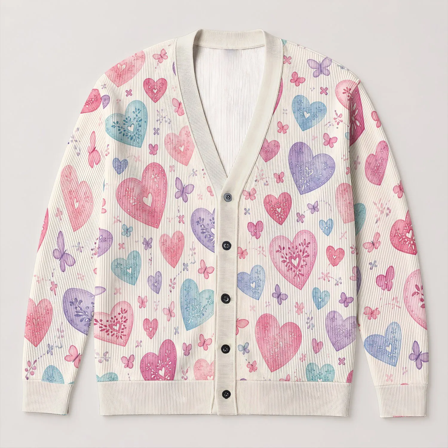 Pastel Heart Motifs for Romantic Beach Dates and Everyday Layering in Plus Size Style All-over Print Knitted Cardigan - 1