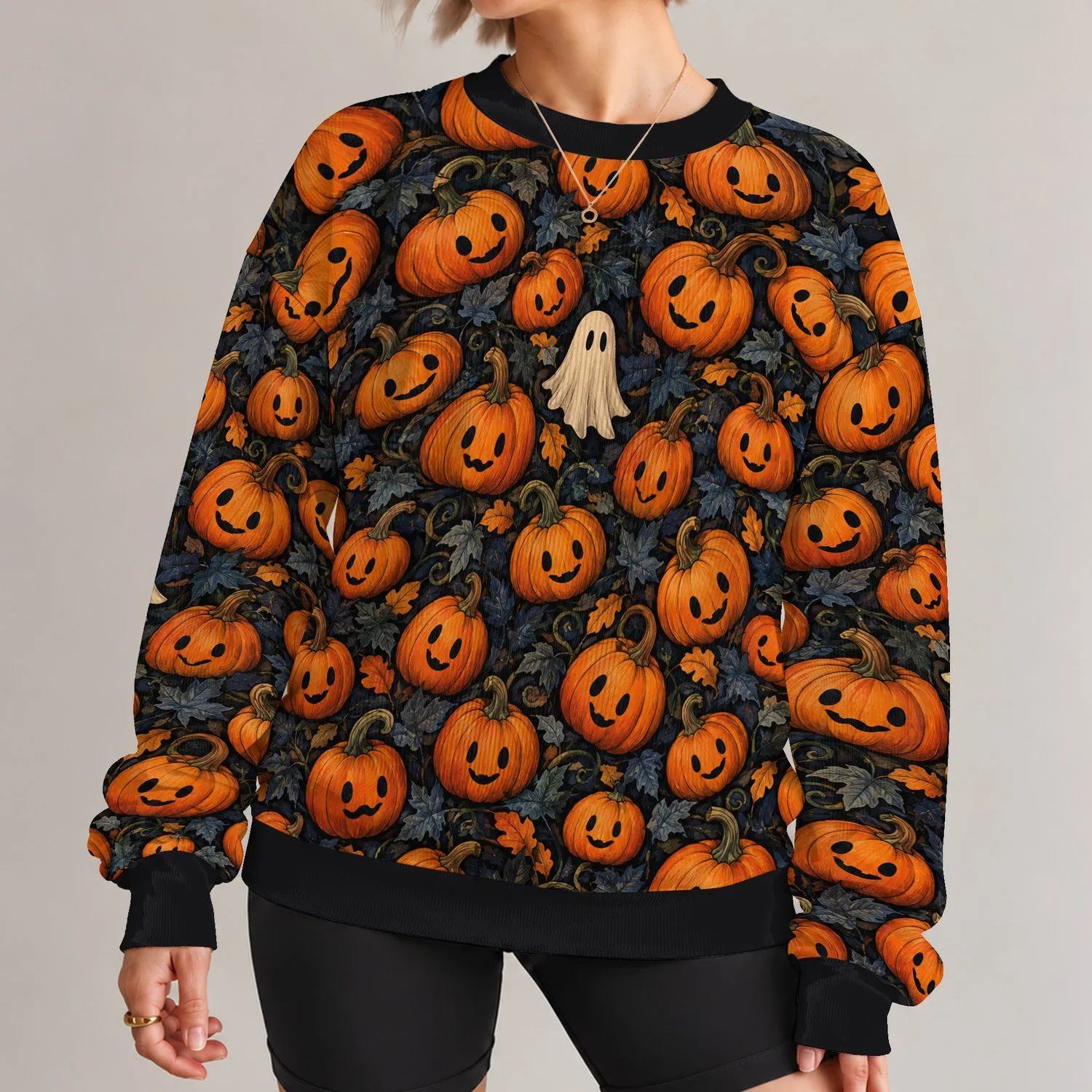 Smiling Pumpkin And Ghost Motifs For Halloween Parties And Autumn Outings All-over Print Knitted Sweater - 1