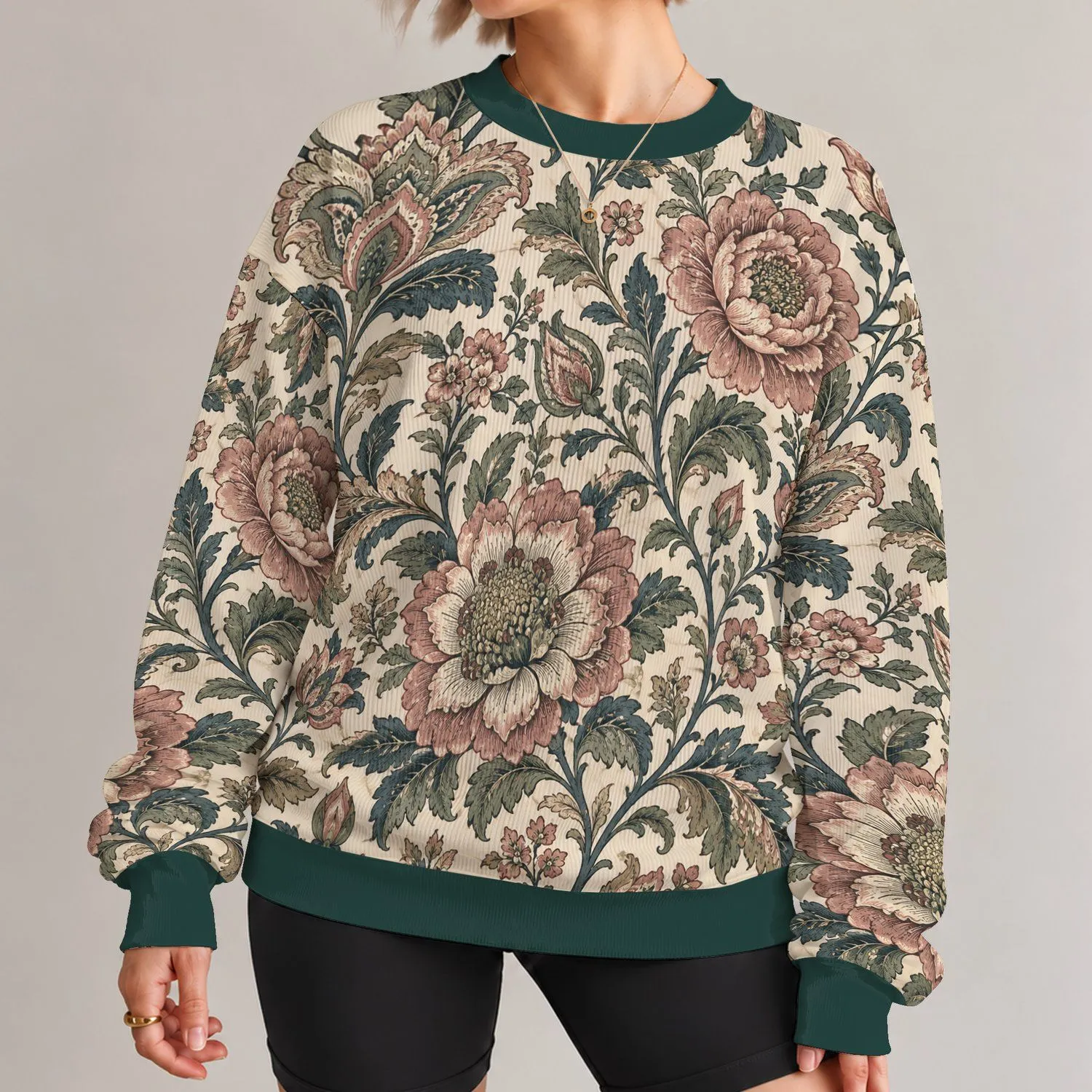 Vintage Teal And Blush Botanicals For Relaxed Everyday Style And Weekend Outings All-over Print Knitted Sweater - 1