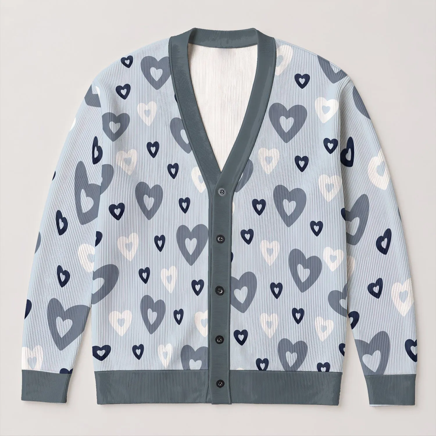 Grey Heart Motifs For Cozy Winter Layering, Casual Date Days, And Everyday Women’s Style All-over Print Knitted Cardigan - 1