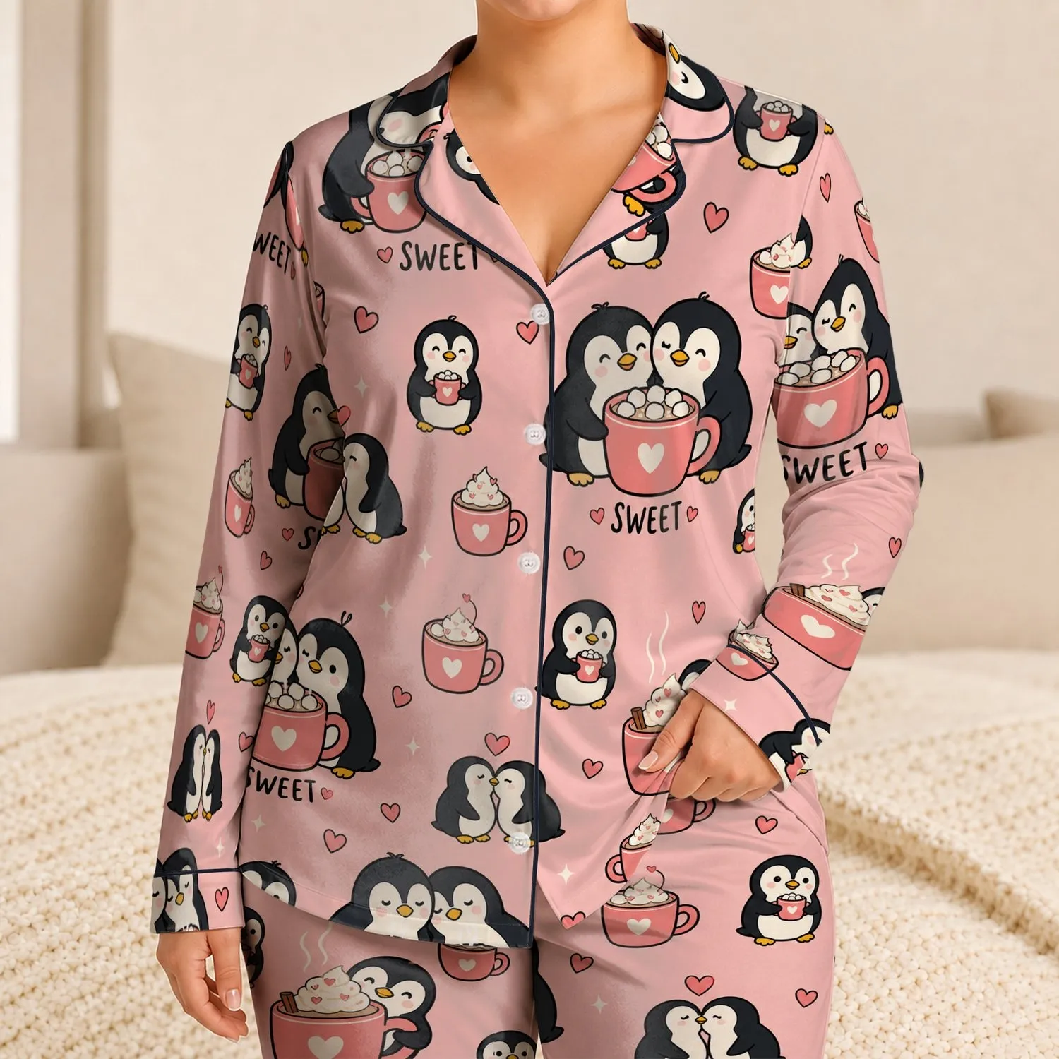 Penguin Cocoa Friends Cozy Winter Holiday Lounge Gift For Women And Teens At Home Satin Pajamas Set - 1
