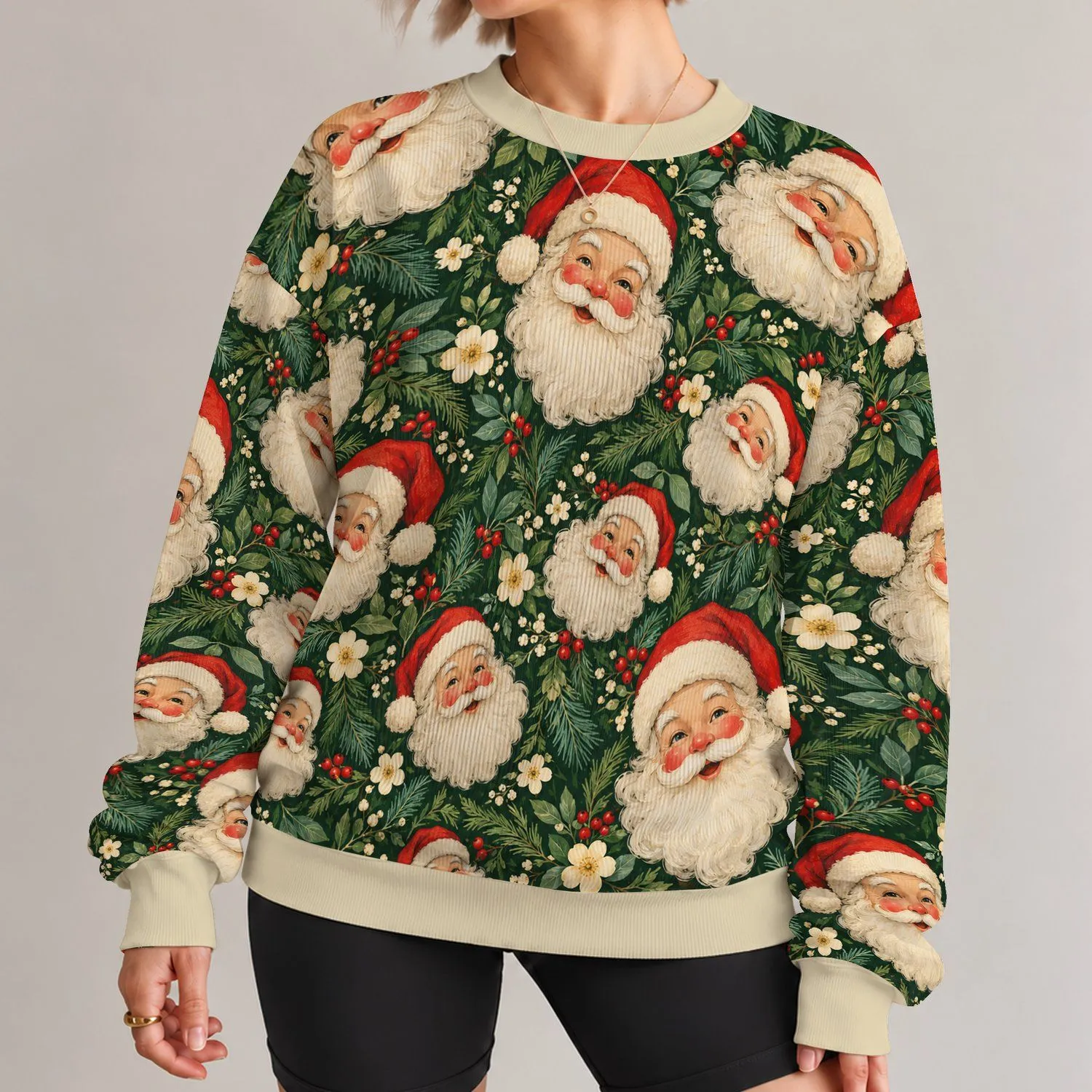 Vintage Santa Faces and Evergreen Florals for Cozy Christmas Holiday Gatherings All-over Print Knitted Sweater - 1