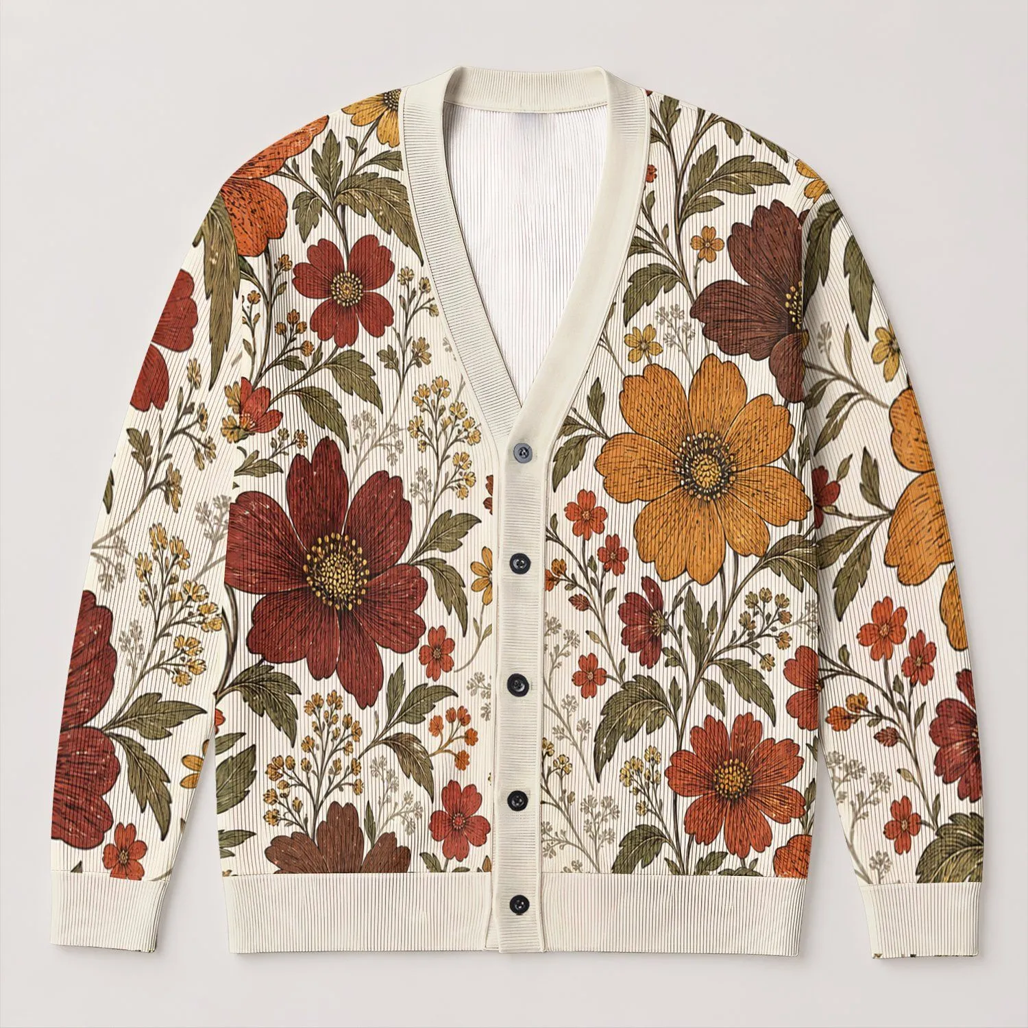 Bohemian Rust Floral Motifs for Beach Vacation Layering and Casual Summer Dressing All-over Print Knitted Cardigan - 1