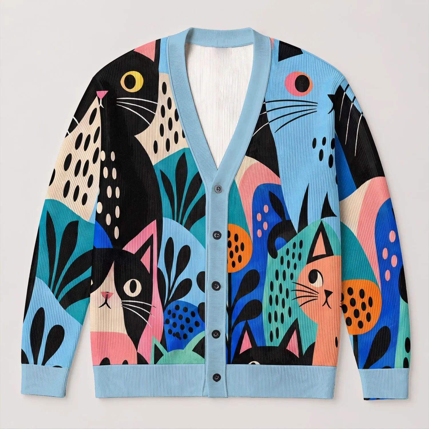Retro Cat Motif For Beach Getaways And Casual Summer Layering For Plus Size Women All-over Print Knitted Cardigan - 1