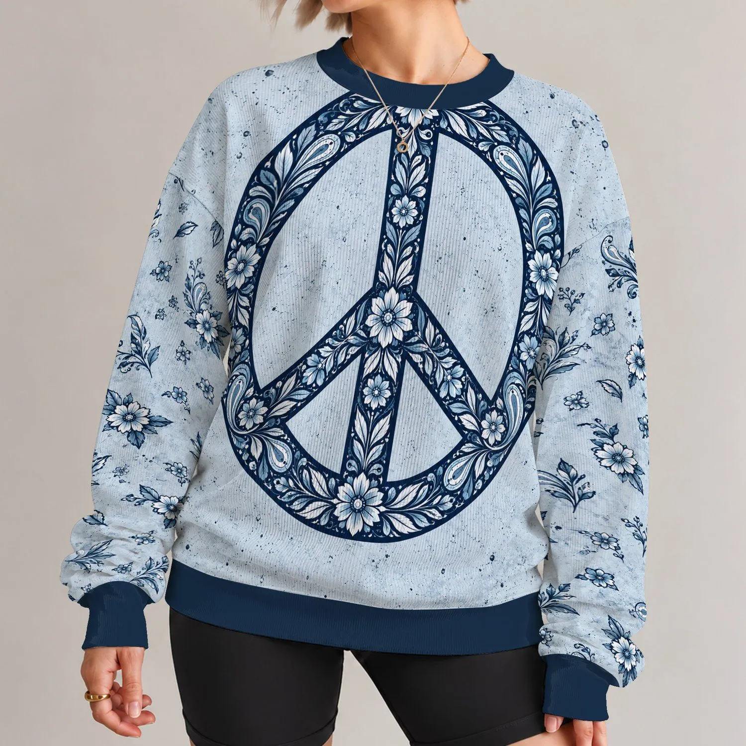 Ornate Navy Peace Medallion for Calm Spring Outings and Relaxed Everyday Bohemian Style All-over Print Knitted Sweater - 1