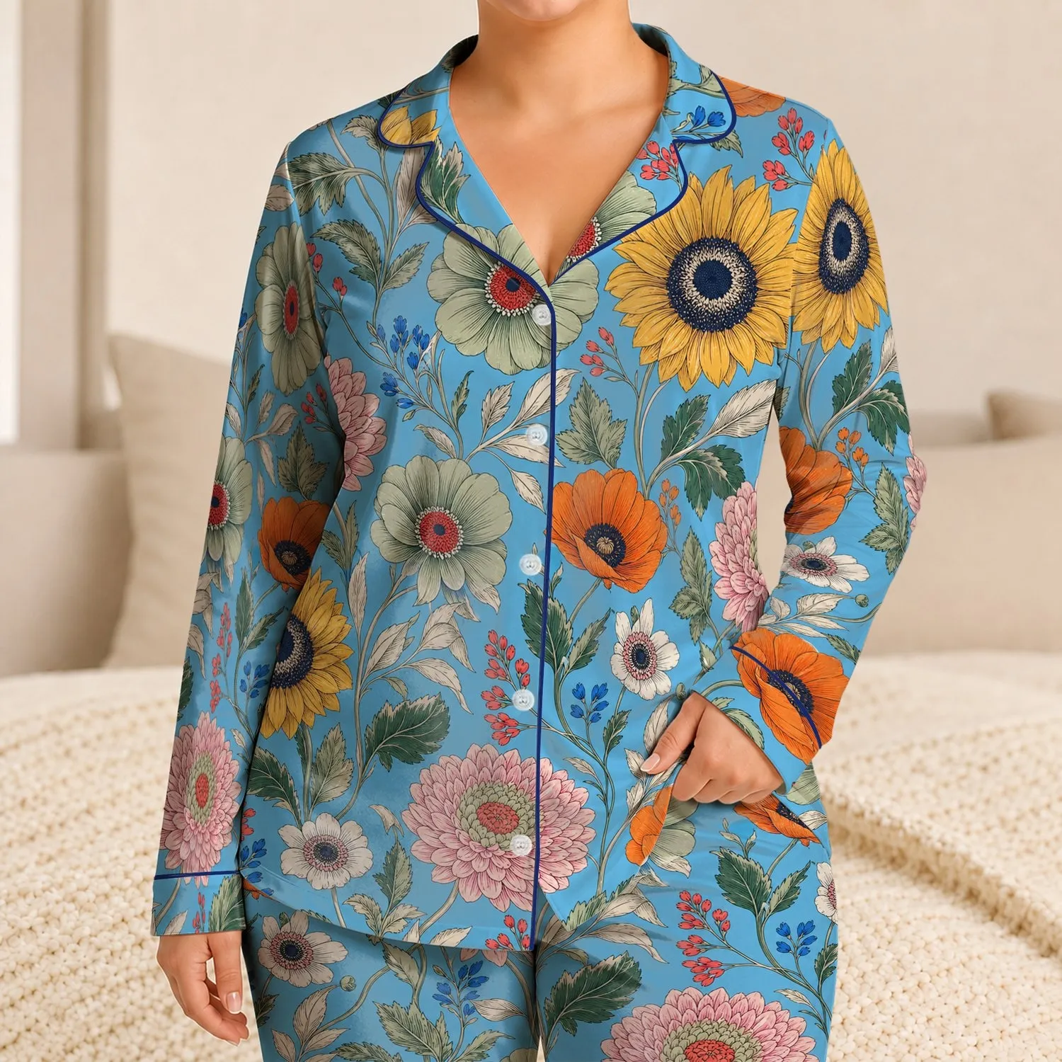 Vintage Botanical Floral Garden Motif for Relaxing Home Lounging and Weekend Getaways Satin Pajamas Set - 1