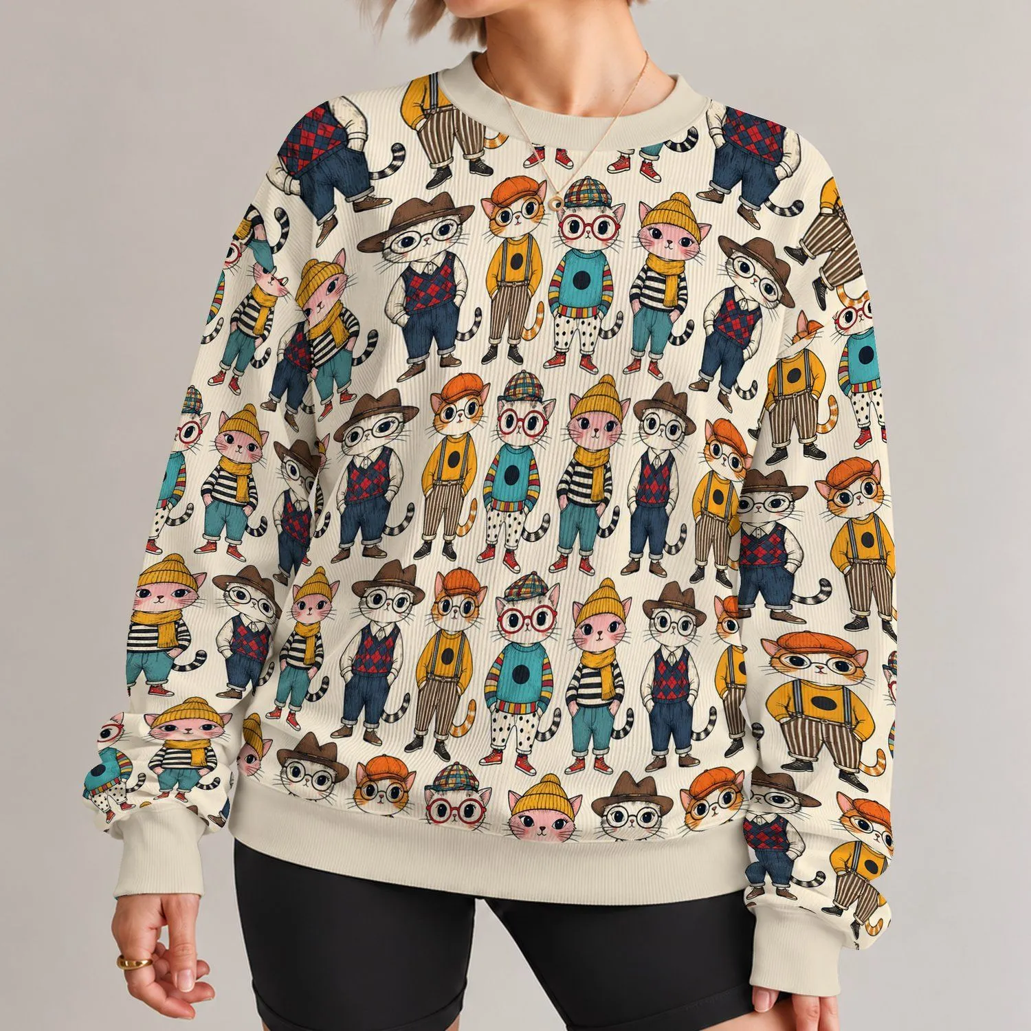 Whimsical Dressed Cat Characters for Cozy Casual Weekends and Fall Outings All-over Print Knitted Sweater - 1