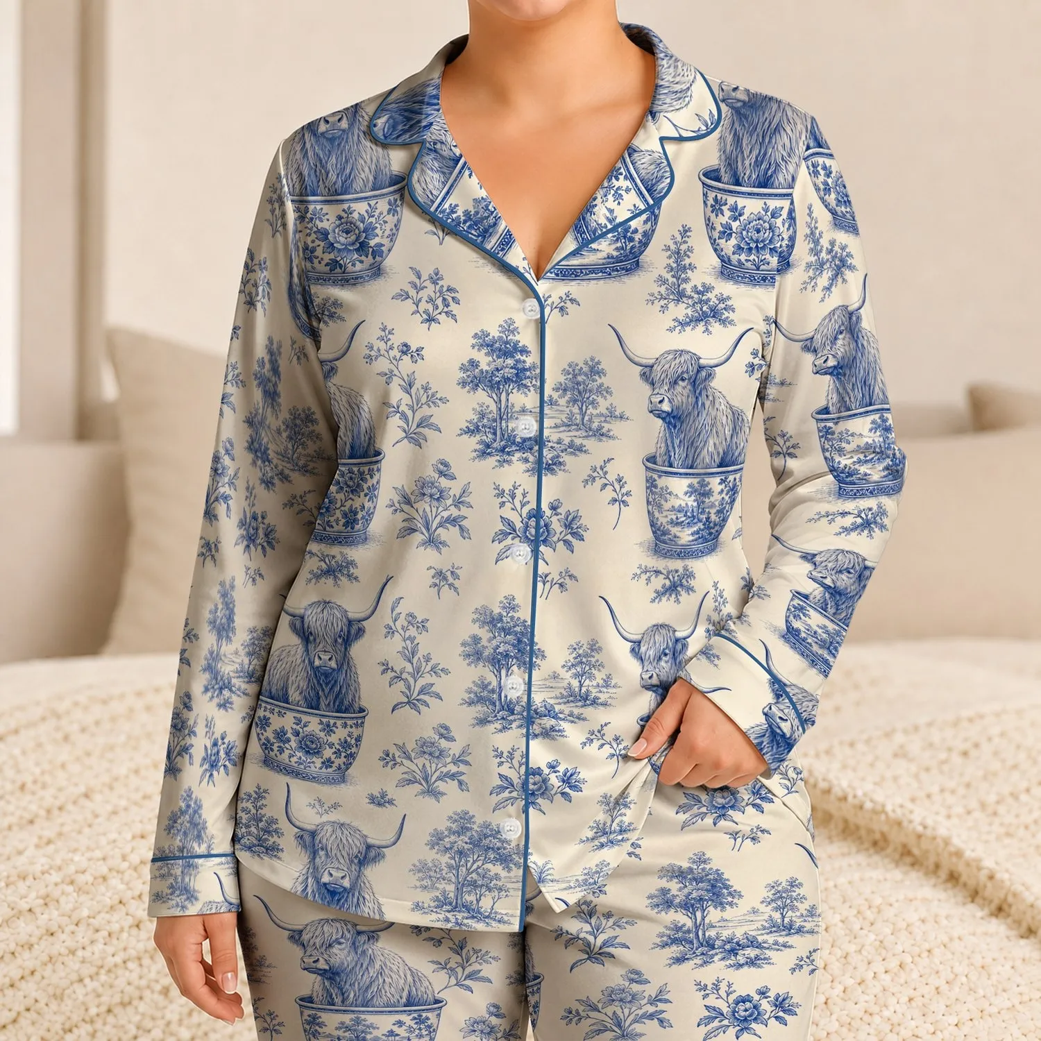 Blue Highland Cow Planters for Cozy Lounging, Scottish Farmhouse Style, Women’s Gift Satin Pajamas Set - 1