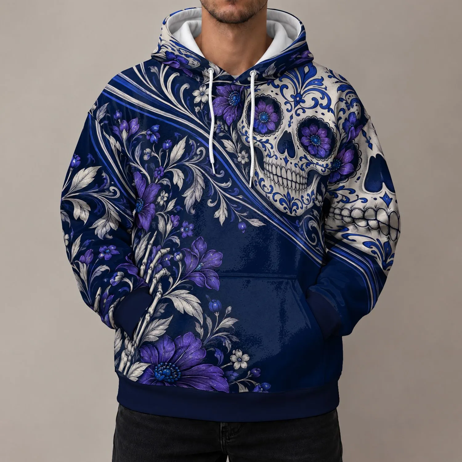 Navy Sugar Skull And Violet Florals For Day Of The Dead And Gothic Folk Art Fans All-over Print Hoodie (Lightweight) - 1