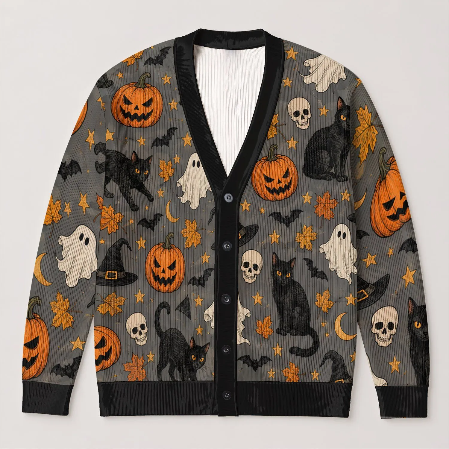 Halloween Pumpkin Cat Ghost and Witch Hat Motifs for Fall Party Outfits All-over Print Knitted Cardigan - 1