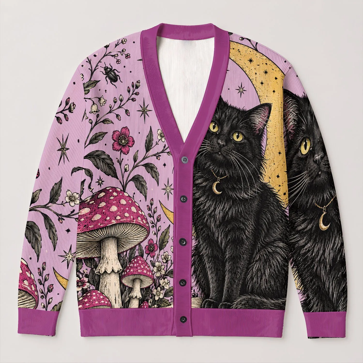 Black Cat Crescent Moon Mushrooms for Halloween Nights and Witchy Fall Style Teens All-over Print Knitted Cardigan - 1