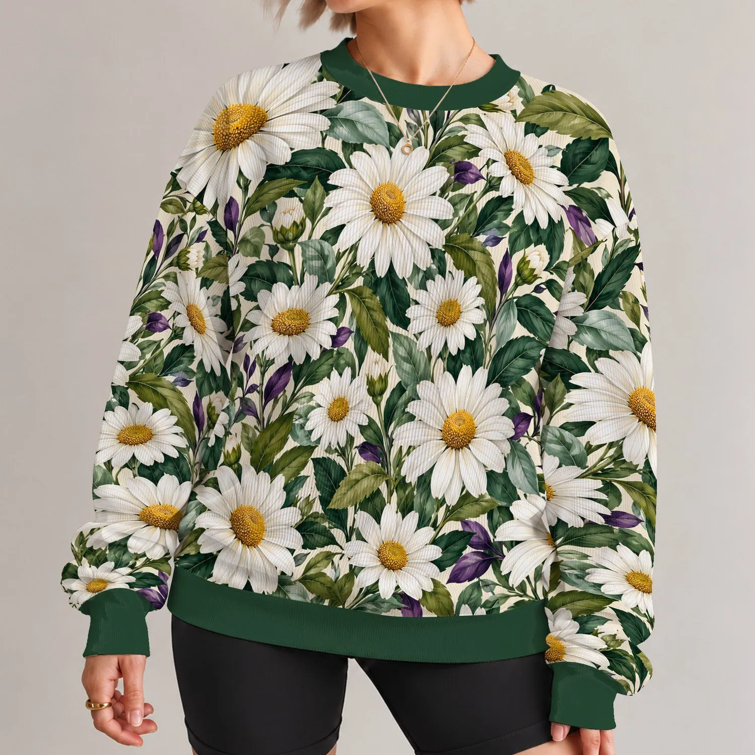 White Daisies and Green Leaves for Garden Gatherings and Everyday Spring Style for Women All-over Print Knitted Sweater - 1
